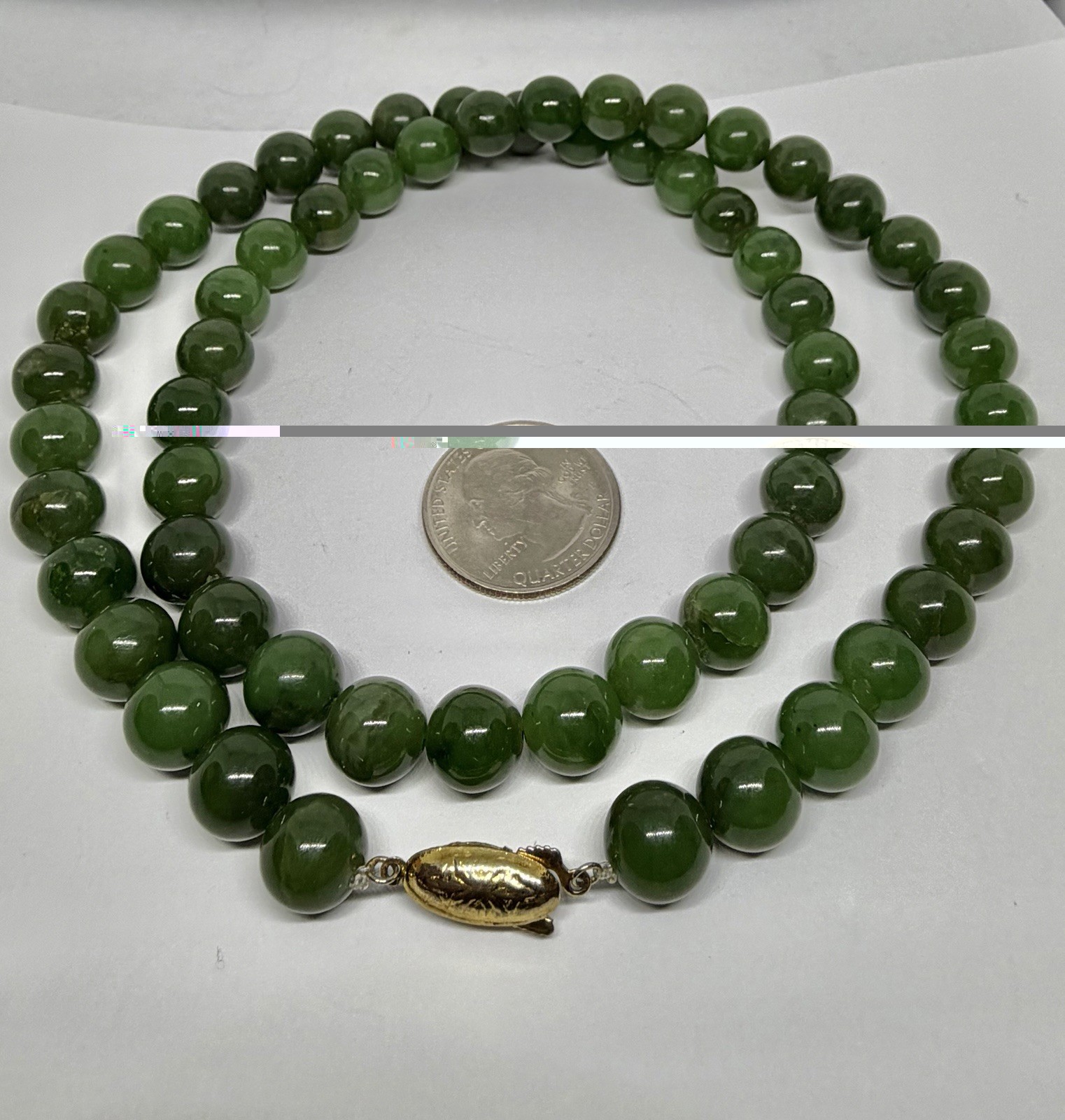 Vintage 8mm Dark Green Jade Beads Necklace Goldtone Clasp 23”