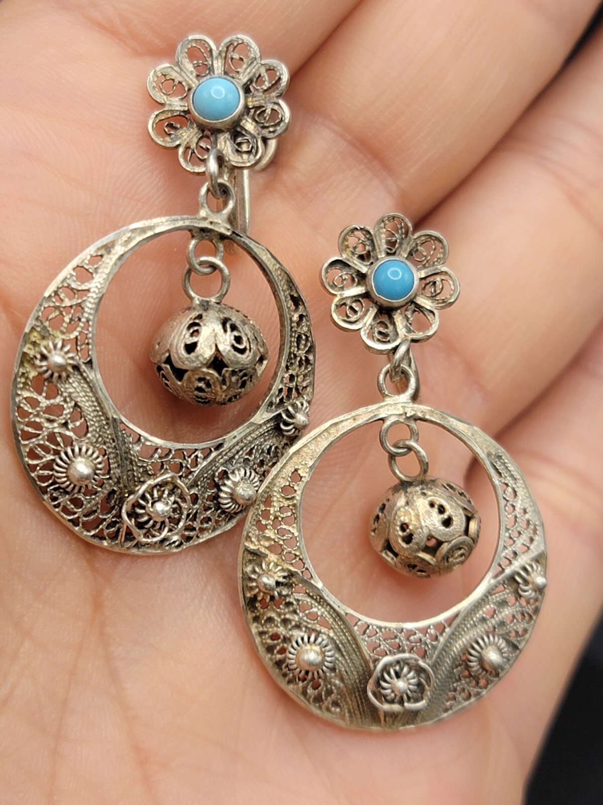 833 Silver Filigree Drop Earrings Turquoise Accent Dangle Vintage Ethnic