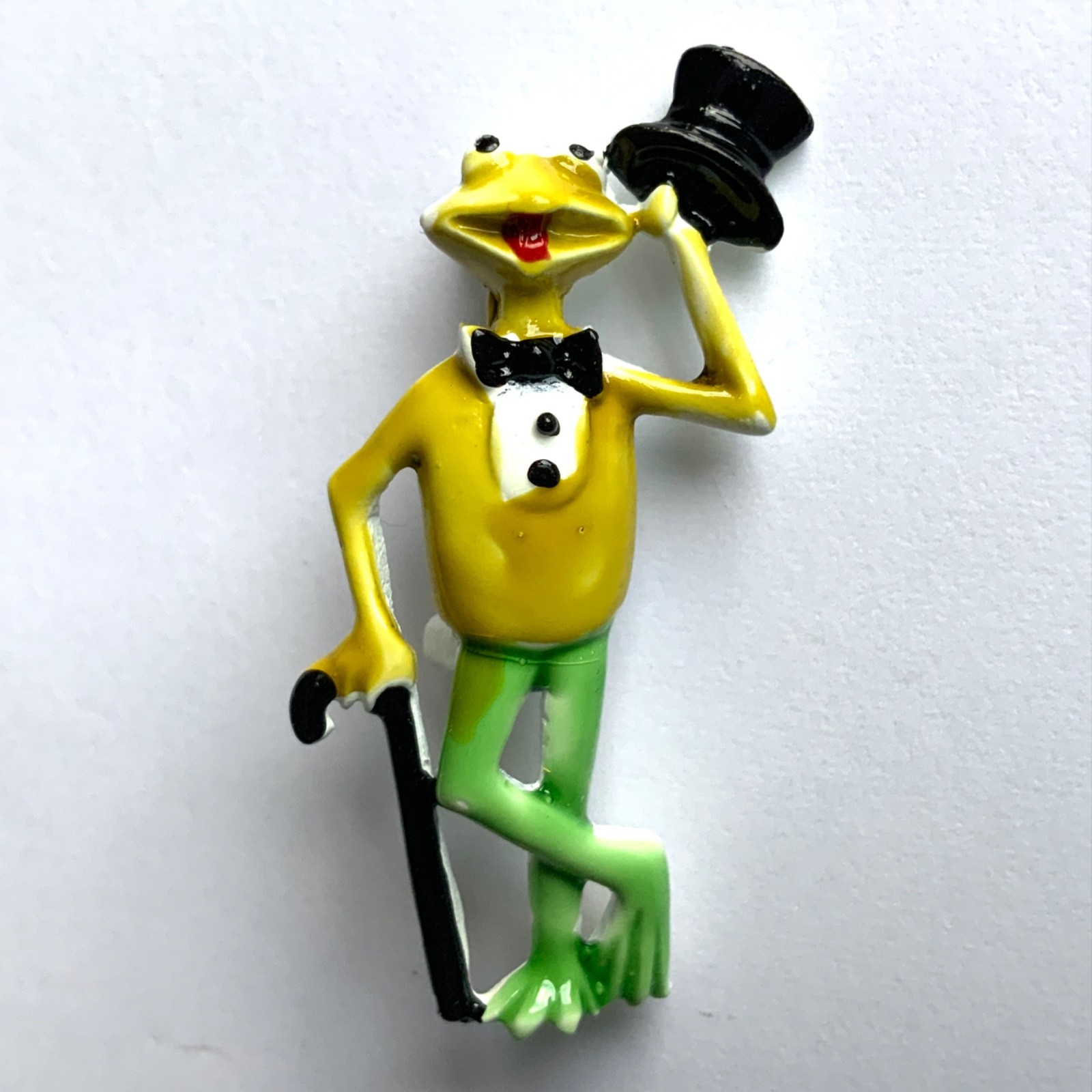 Vintage Whimsical Enamel Green Cartoony Frog with Top Hat & Cane Brooch