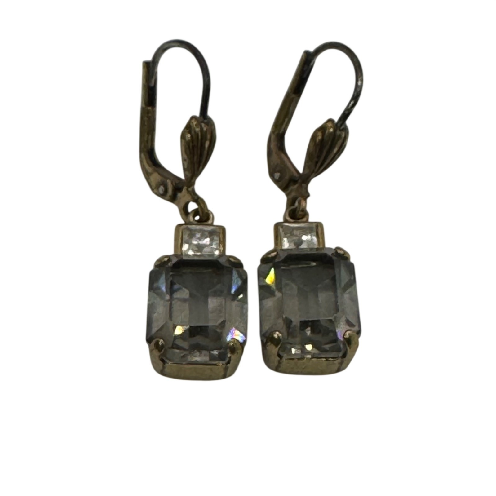 Vintage “Black Diamond” Gold Tone Leverback Drop Earrings Emerald Cut Estate