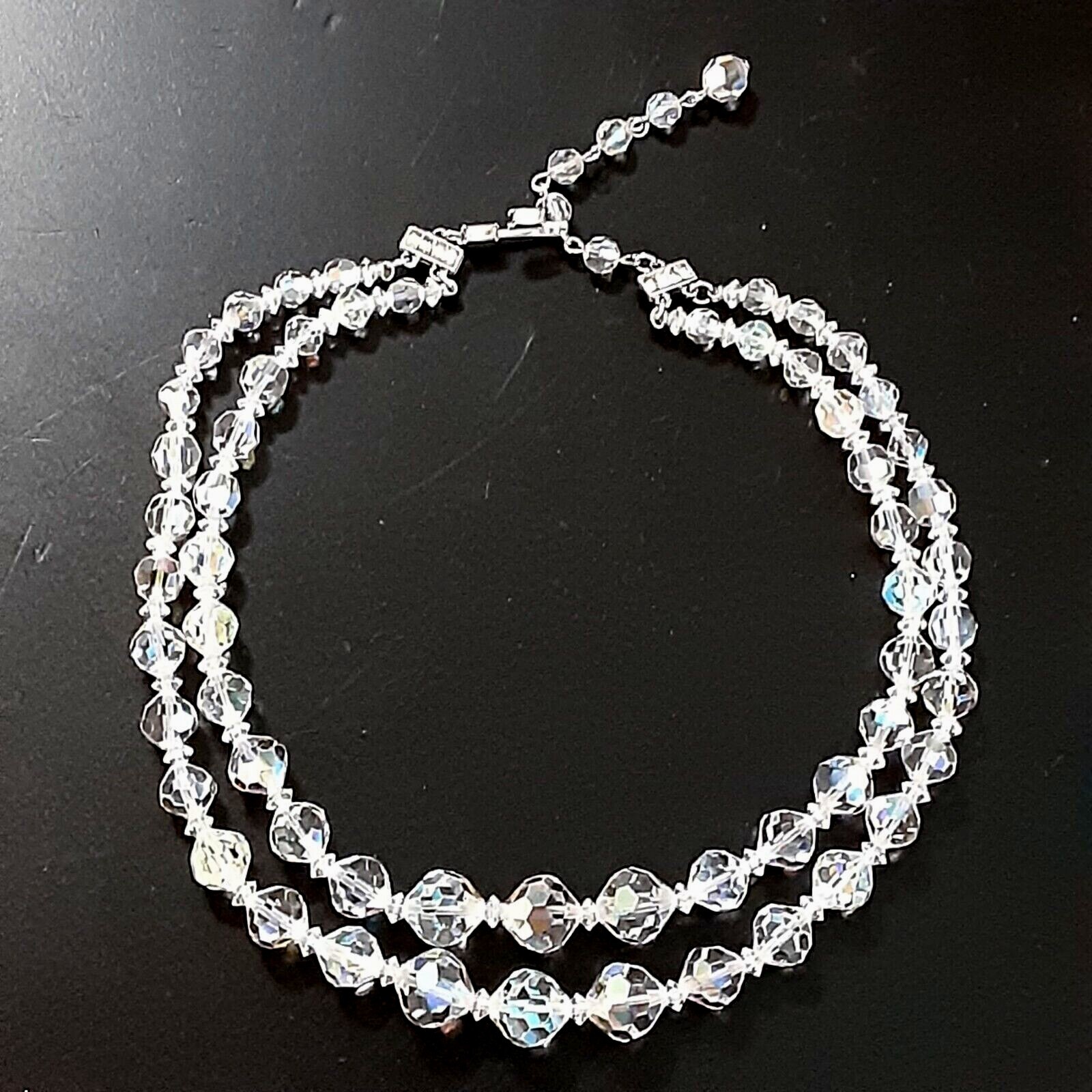 Vintage Clear Crystal Bead Necklace Double Strand 6-12mm 14*16.5 in