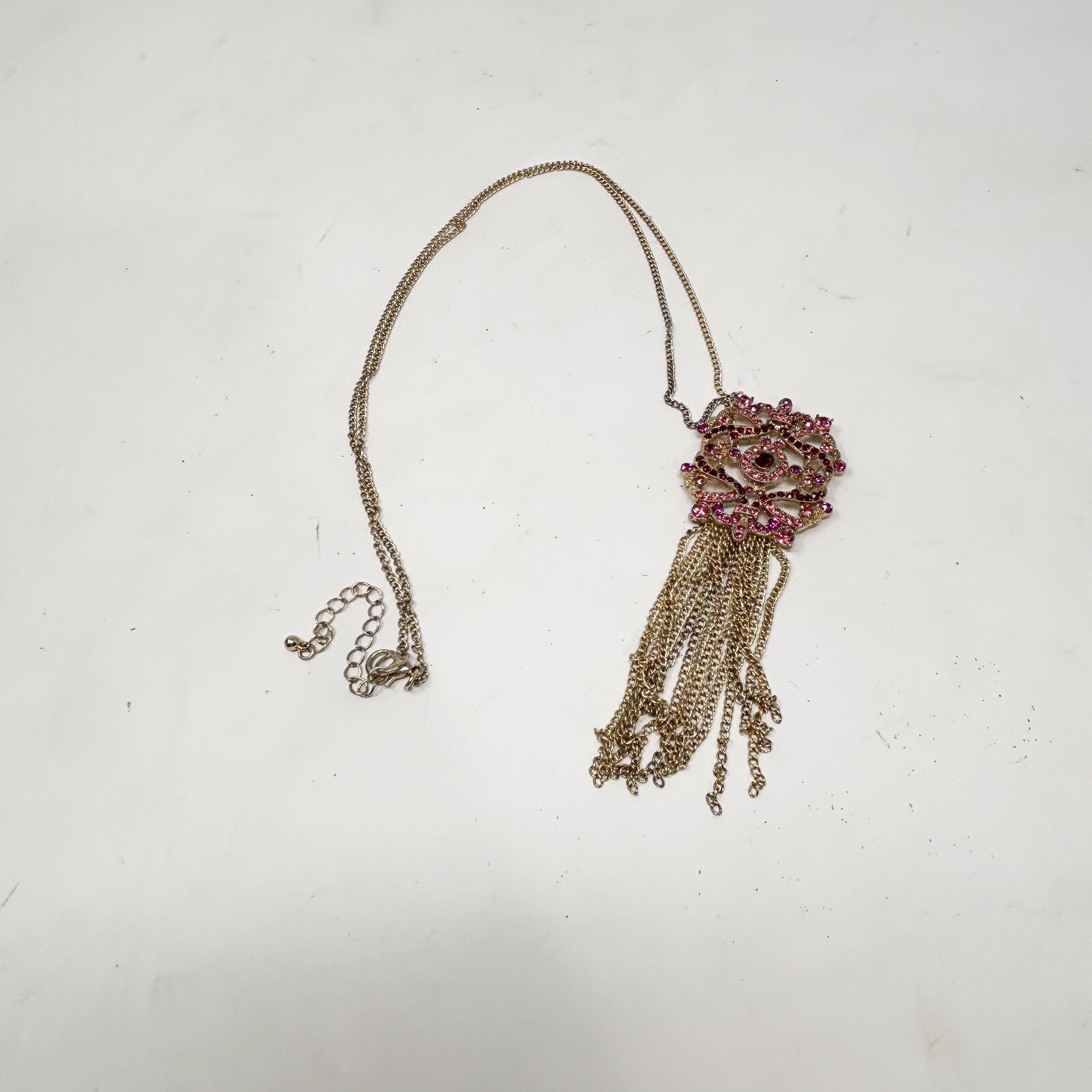 Round Entwined Pink Red Stone Filigree Necklace With Fringe Detail Up To 24”