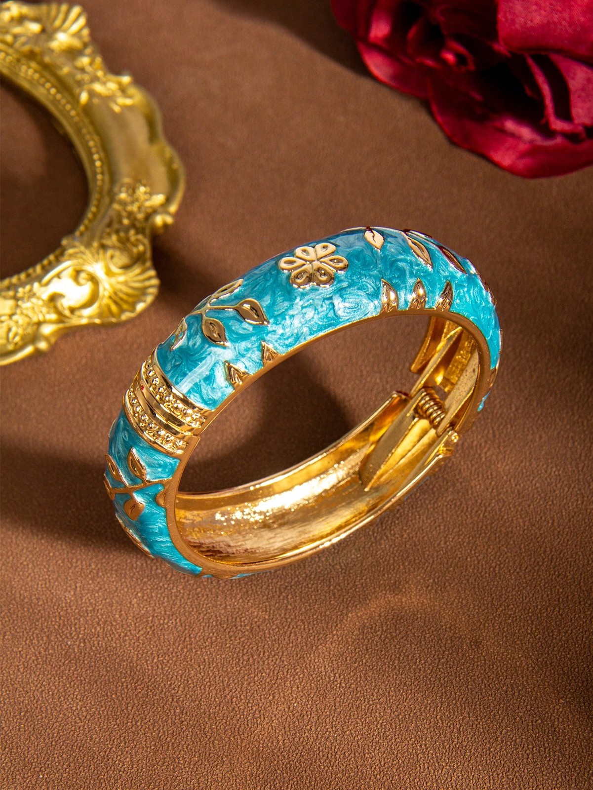 Baby Blue Vintage Floral Enamel Bangle With Gold Detailing For Daily Party