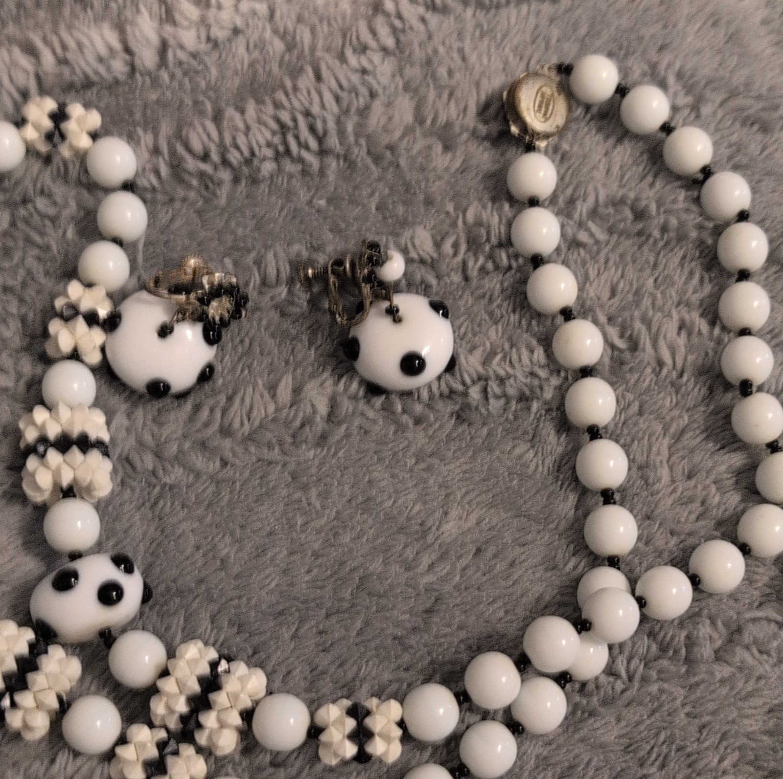 Miriam Haskell Vintage Panda Glass Bead Necklace & Earrings Set, White Black