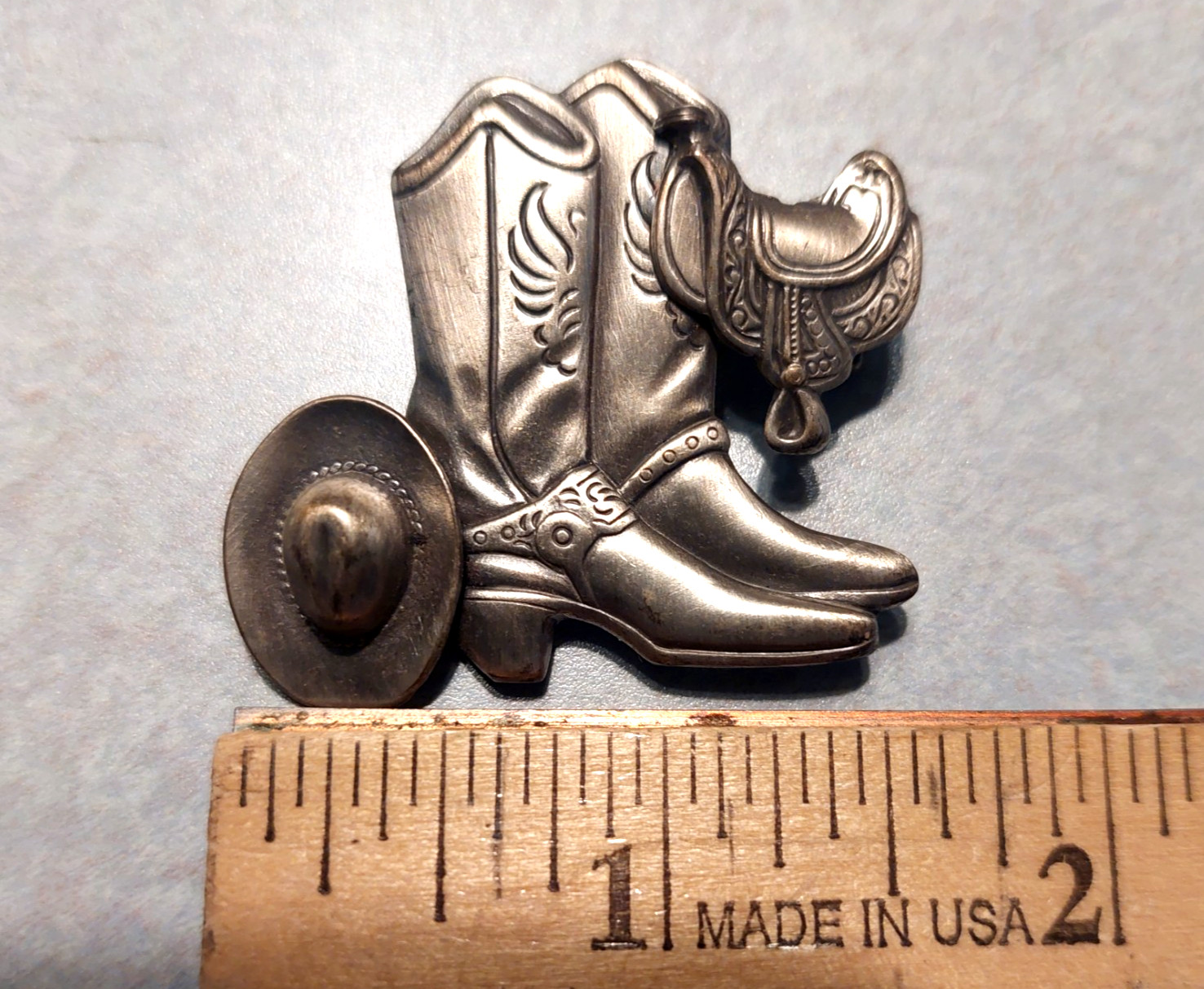 Vintage Pin Brooch Western Cowboy Hat Boots Saddle Silver Tone Jewelry hat pin