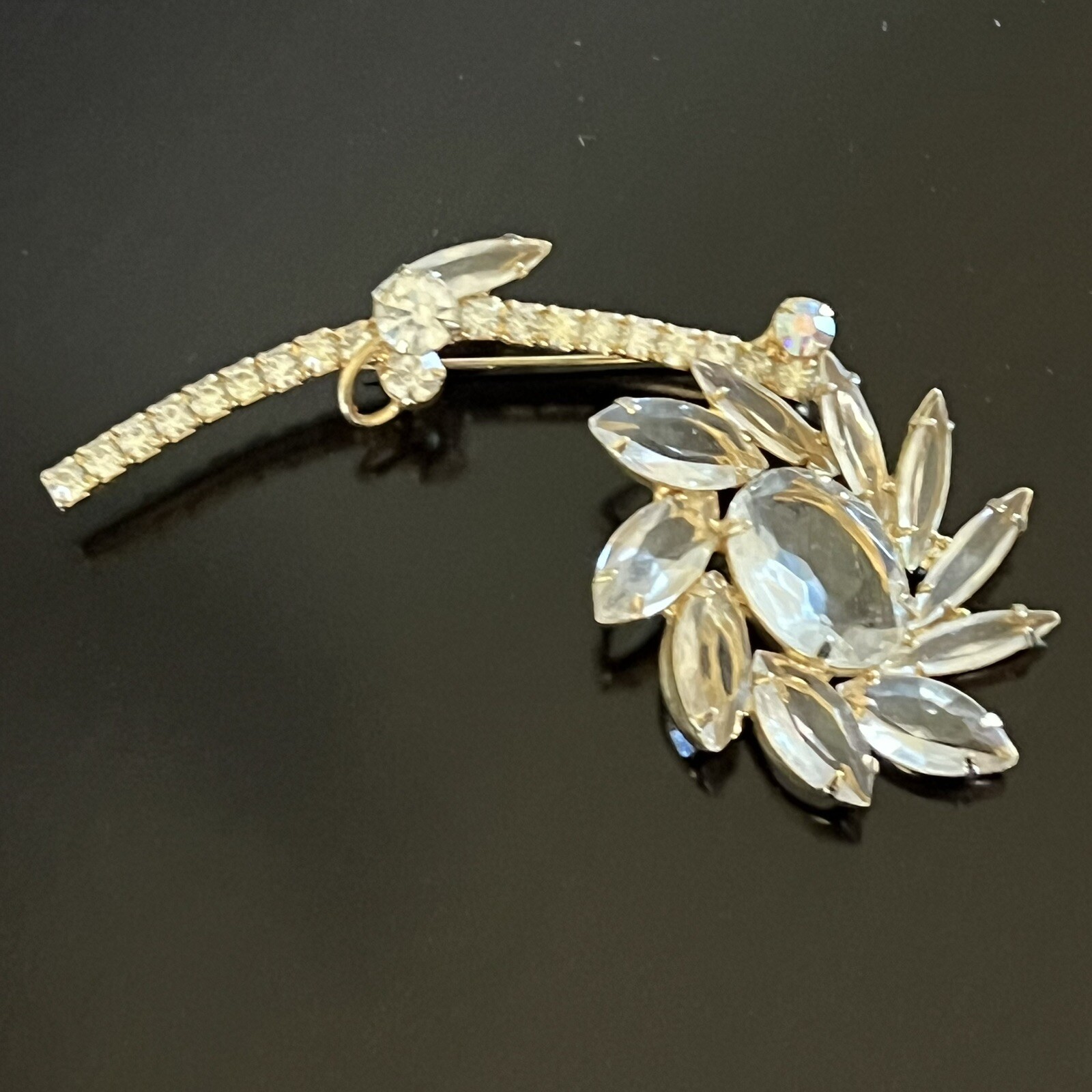 Vintage Clear Gass & Rhinestone Flower Stem Gold Tone Large Brooch Pin READ