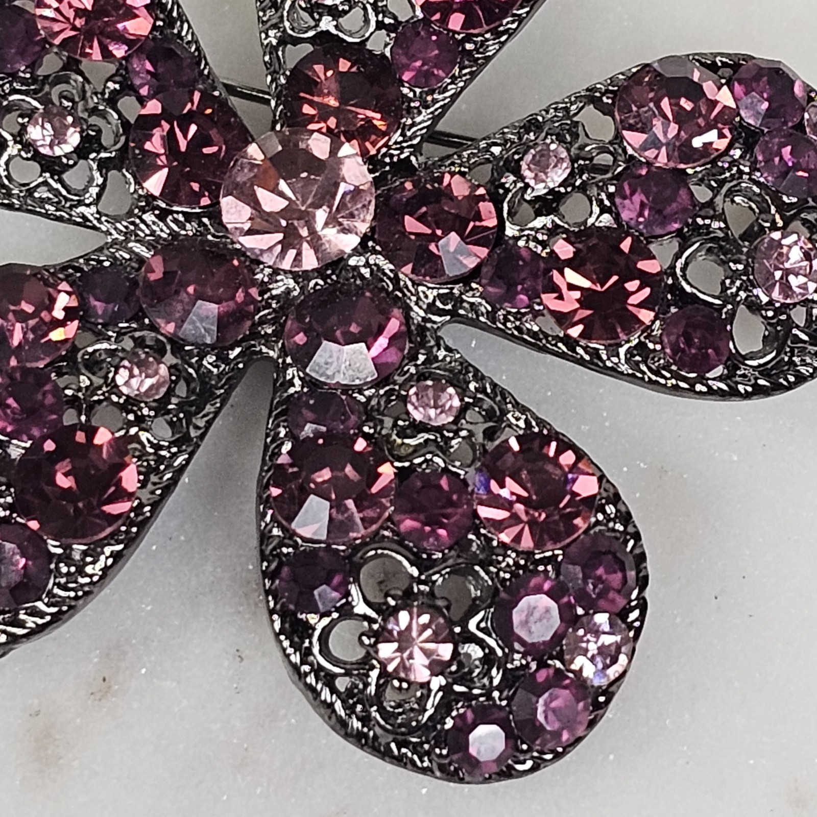 Vintage Purple Flower Rhinestone Gunmetal Pink Crystals Brooch Estate