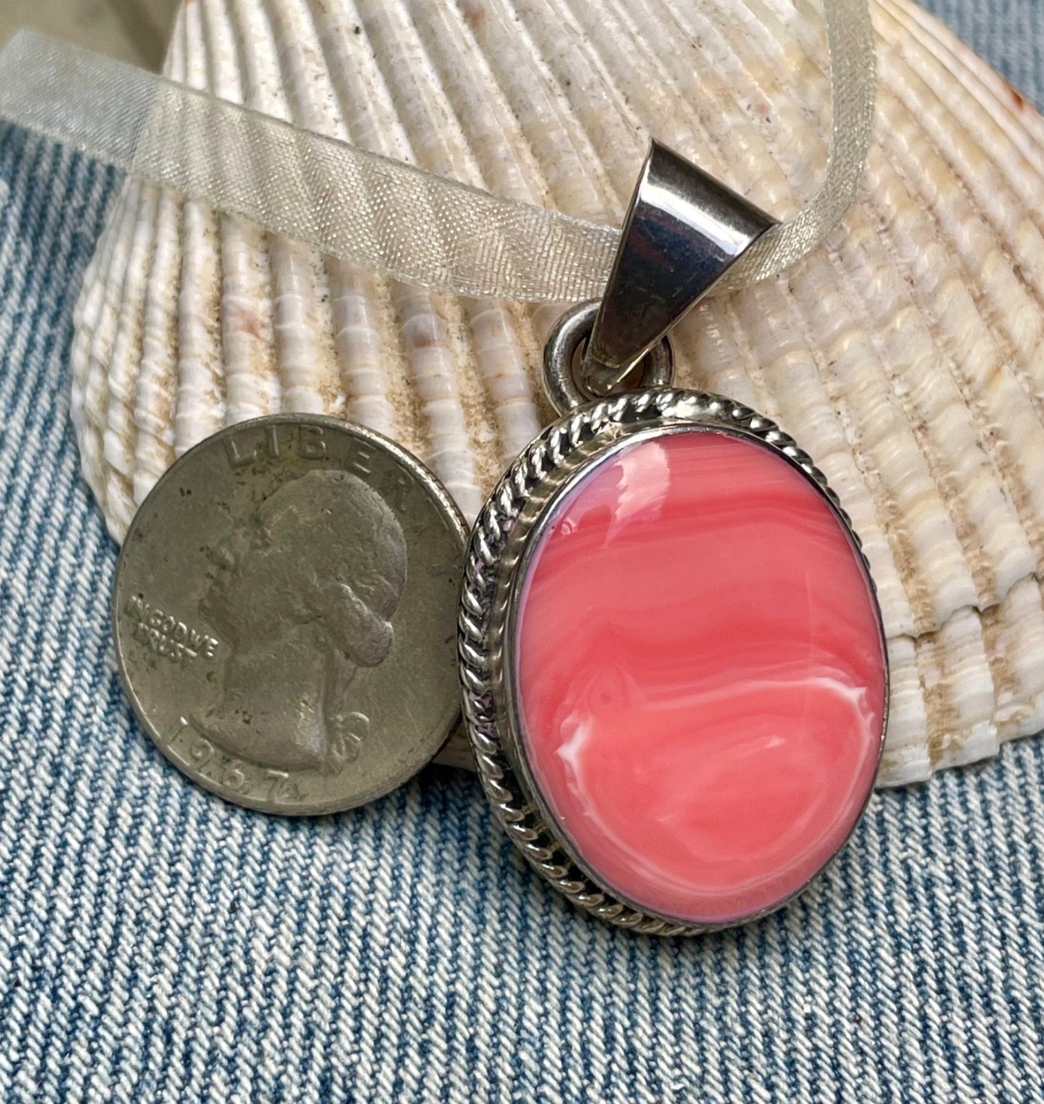 🎥 2″ Beach Peach Pink Spiny Oyster Sterling Silver Mexico Pendant Orange Vtg