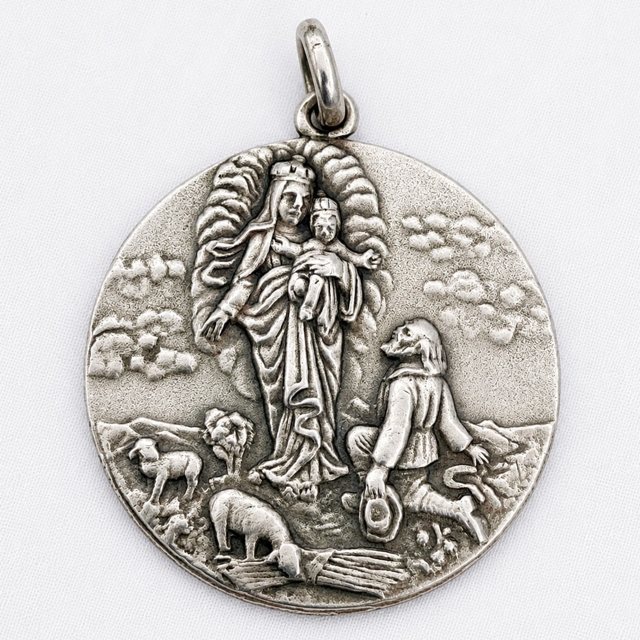 Vintage Sterling Silver 900 Virgin Mary Apparition Relief Medal Pendant 39mm