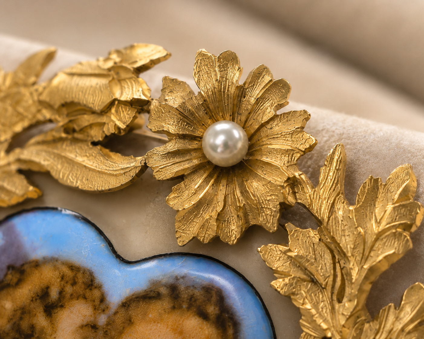 Antique 18K Gold Heart Brooch Angel Cherubs Pearl Enamel Mother of Pearl c1900