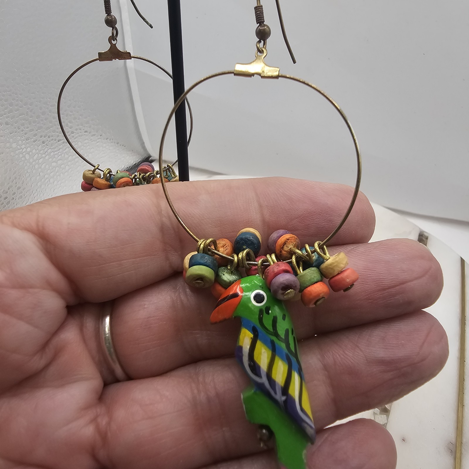 Vintage Parrot Hoop Dangle Earrings Colorful Wooden Beaded Boho Kitsch Whimsical