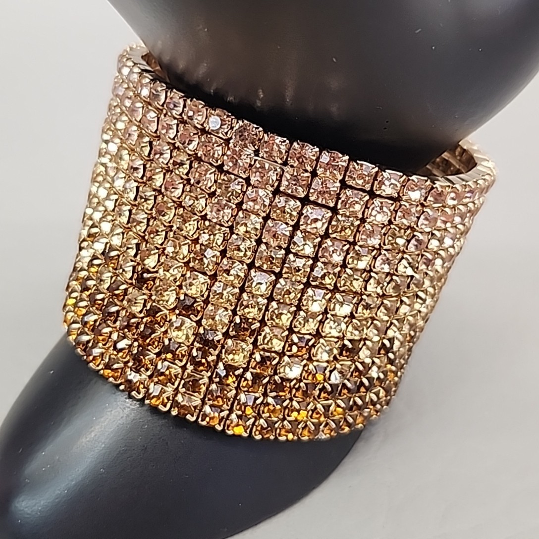 Wide Rhinestone Stretch Bracelet Ambre Peach to Brown 6.75″