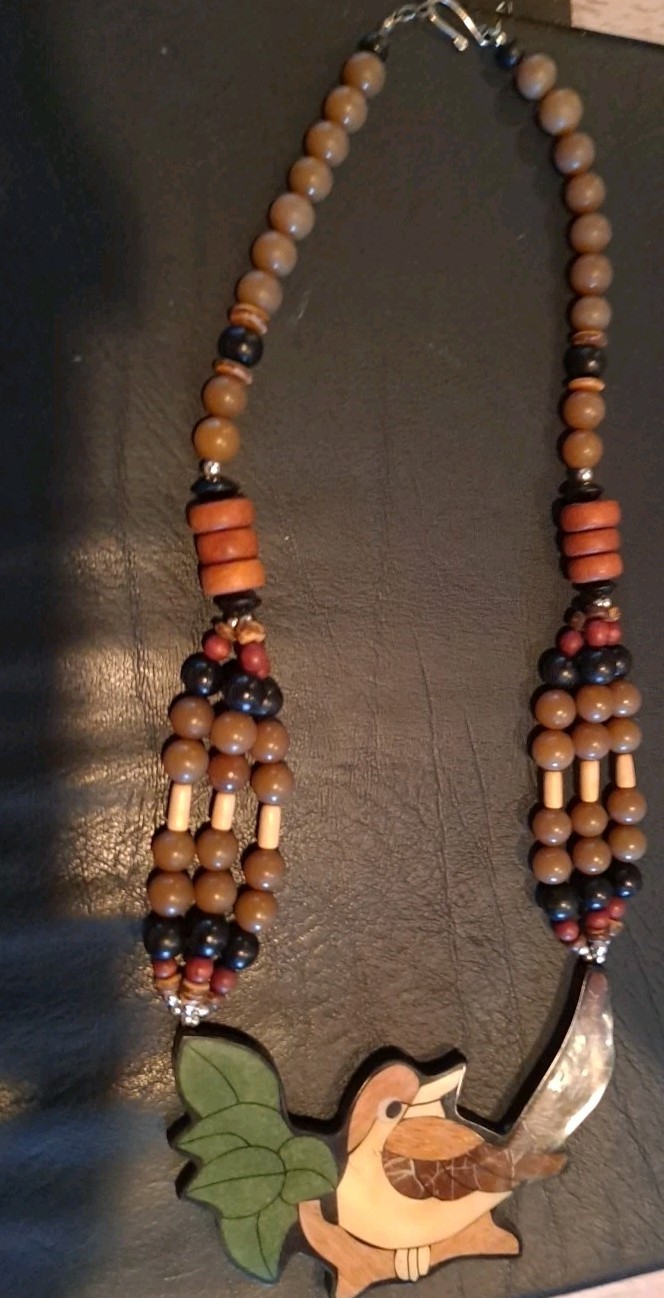 LEE SANDS WOOD INLAY MOSAIC Bird Necklace Vtg Lee Sands Necklace Bird Necklace