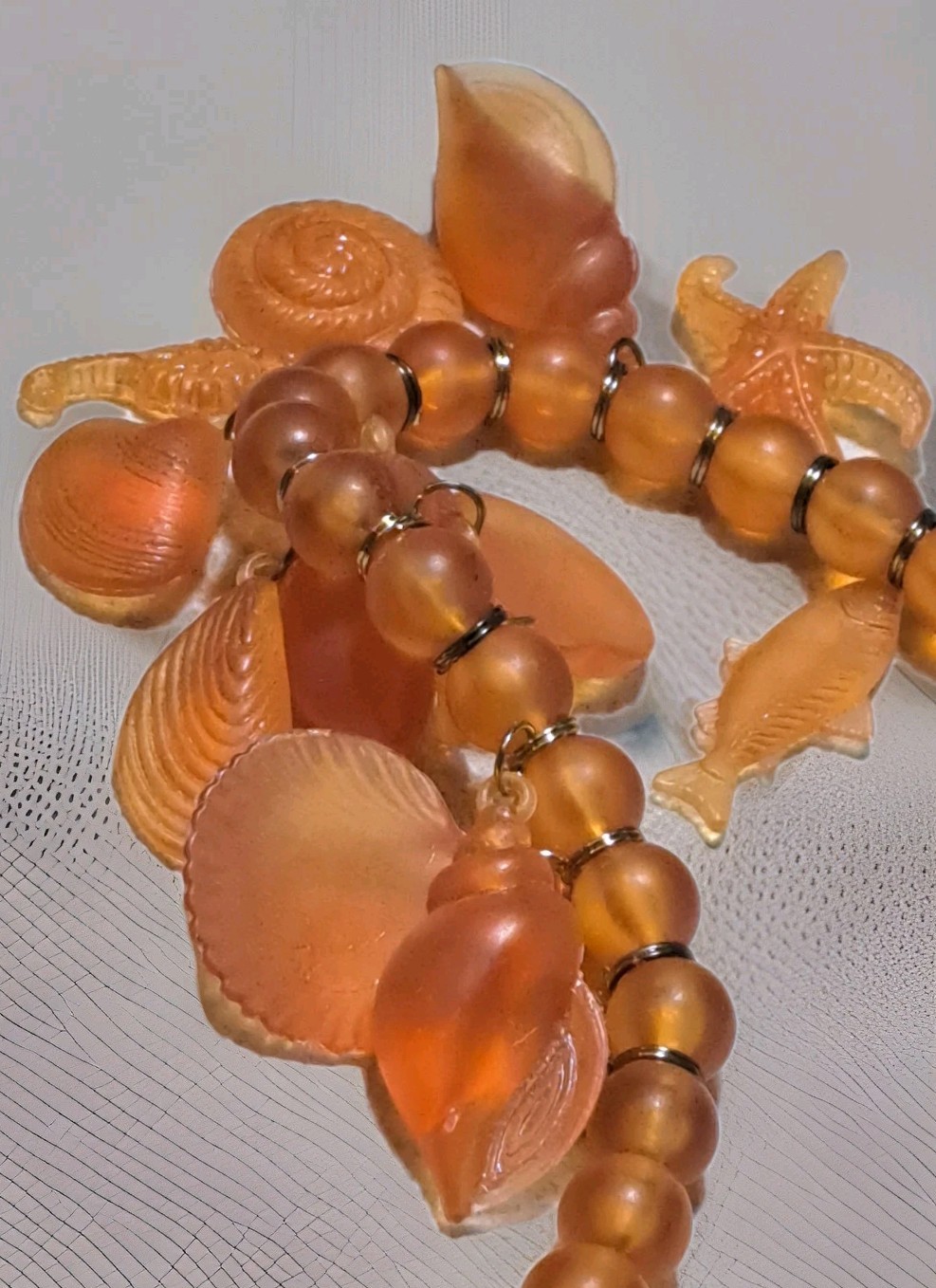 Vtg Lucite Acrylic Retro Glowing Amber Unique Beaded Necklace Shell Fish Charms