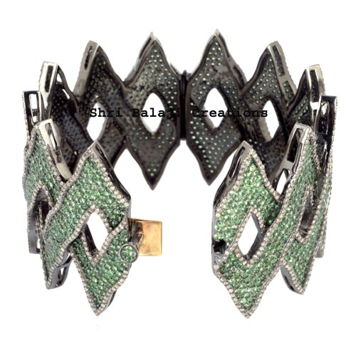 Natural Rosecut Diamond Emerald Gemstone 925 Sterling Silver Bangle Jewelry