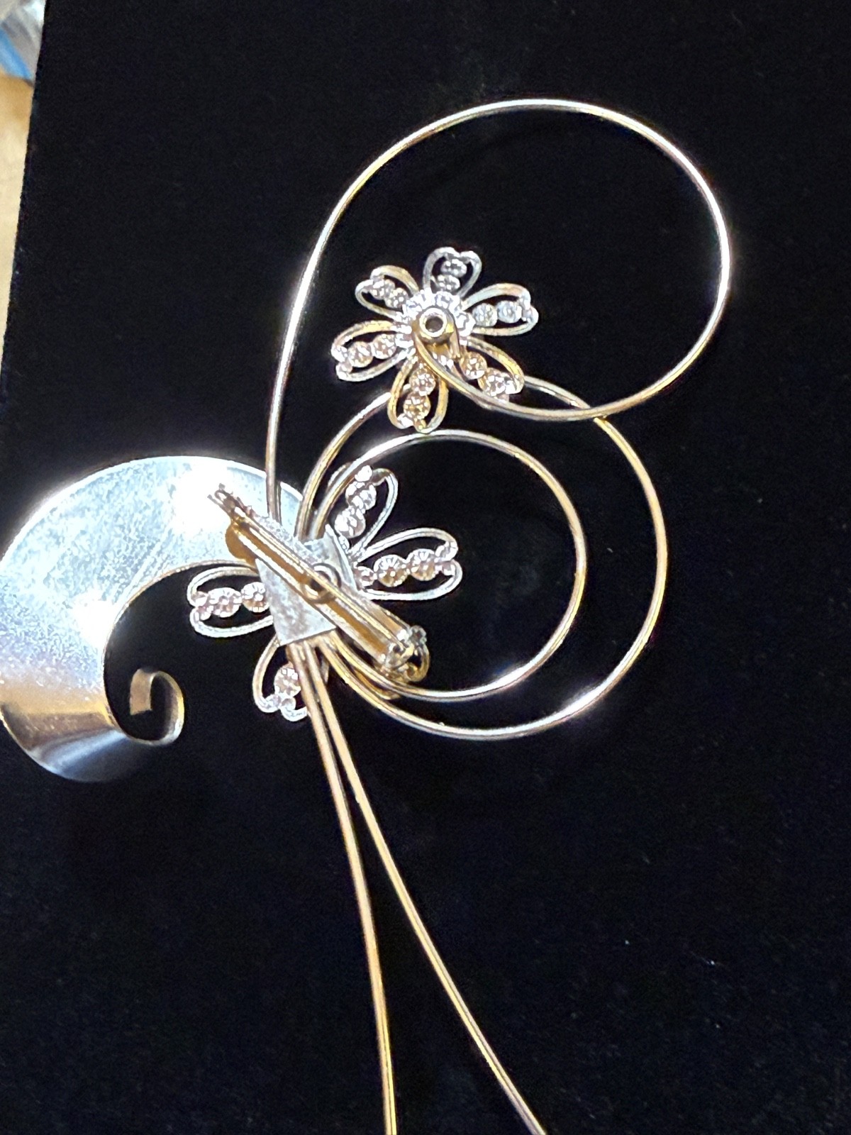 Vintage Abstract Modernist Brooch PinSilver Tone Faux Pearl LARGE Floral 1960s
