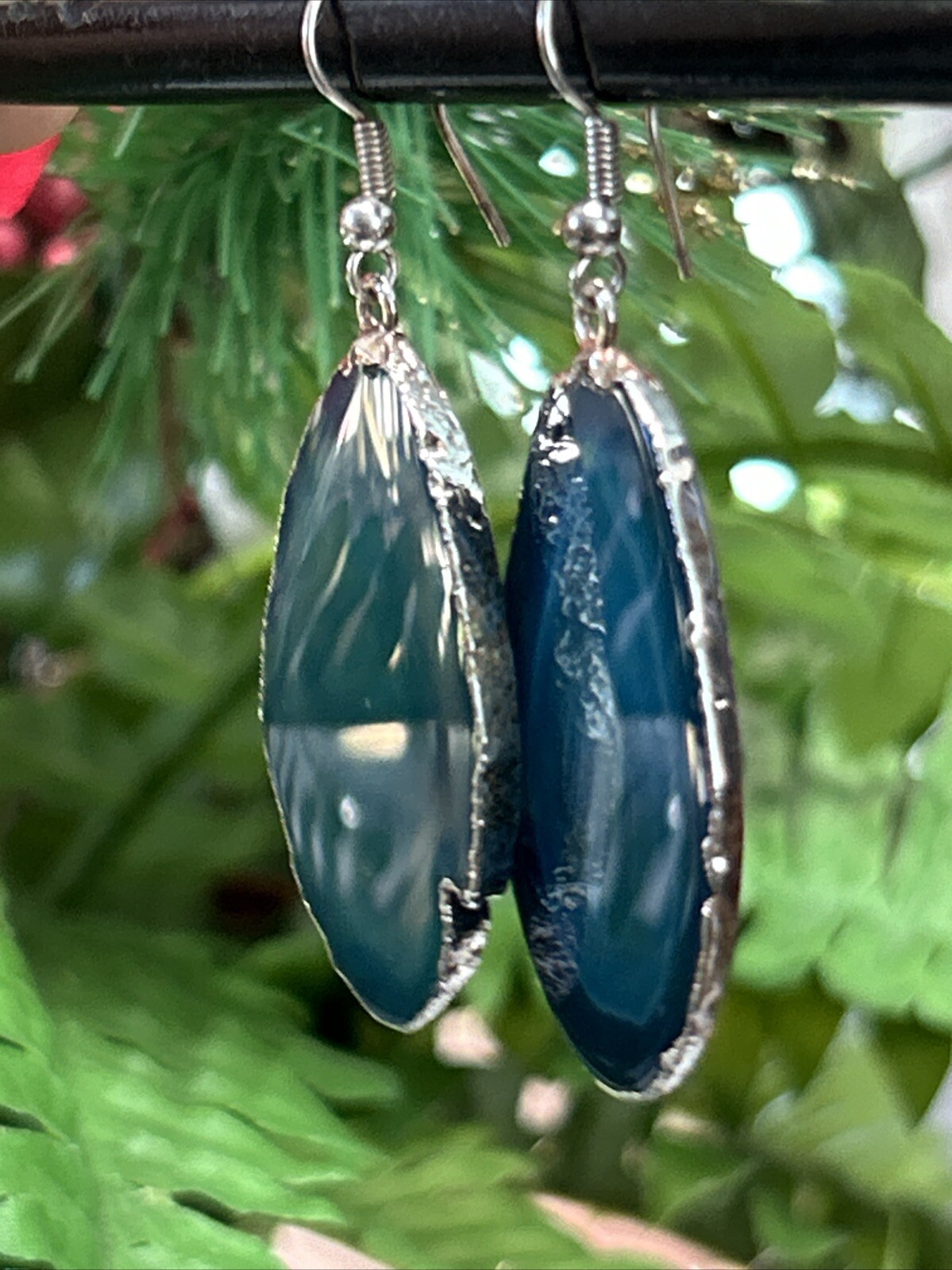 Vintage Silver Tone Blue Geode Slice Dangle Drop Pierced Earrings Large 2.25”