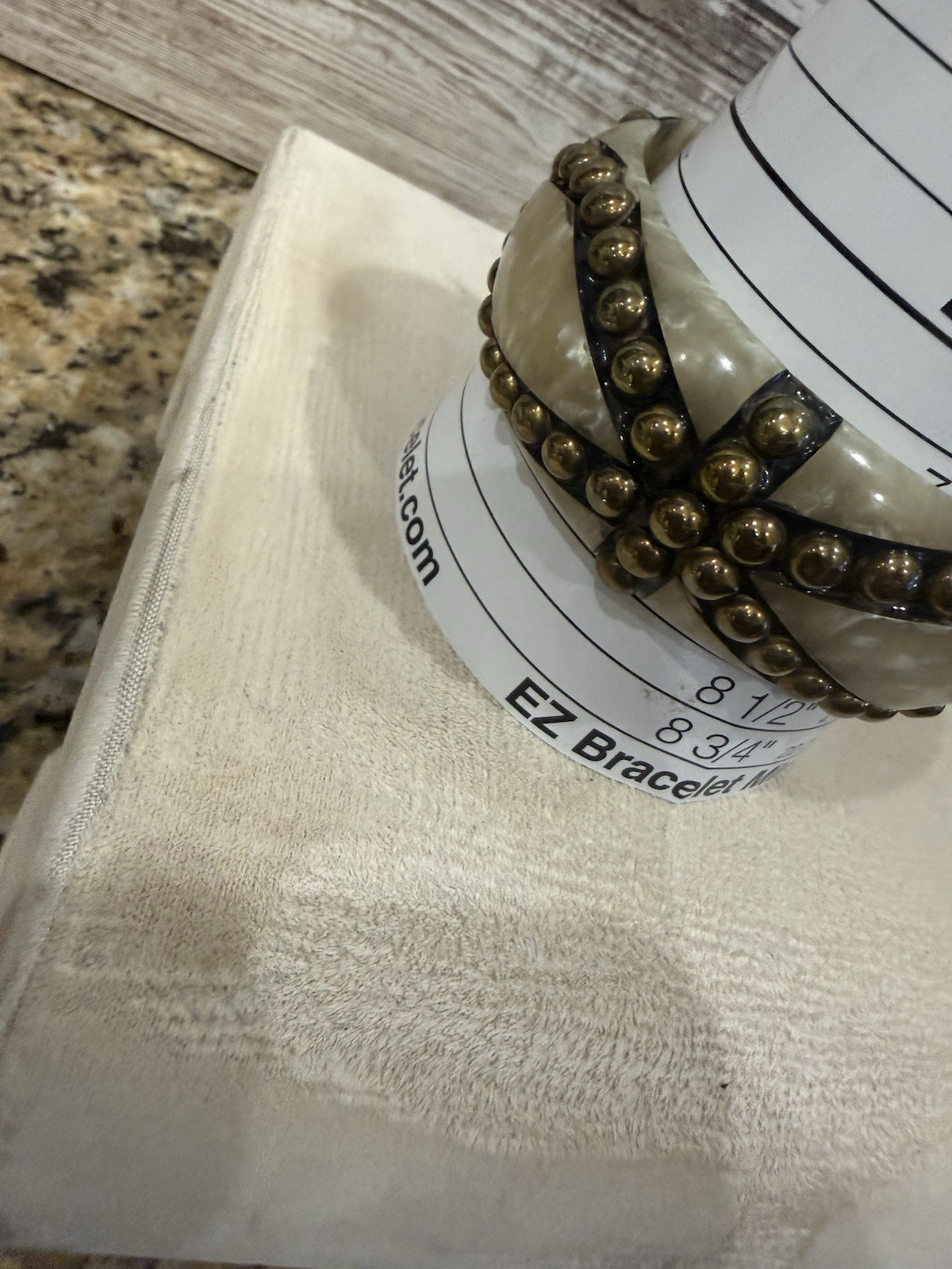 Off White Marbled Bracelet Brass Studded Bangle Boho Vintage 7.5”