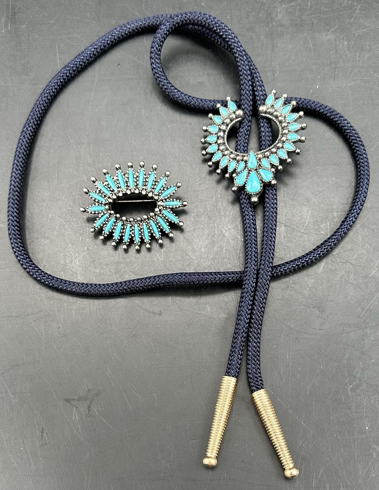 Vintage Faux Turquoise Silvertone Bolo Tie and Brooch Pin Southwestern Western