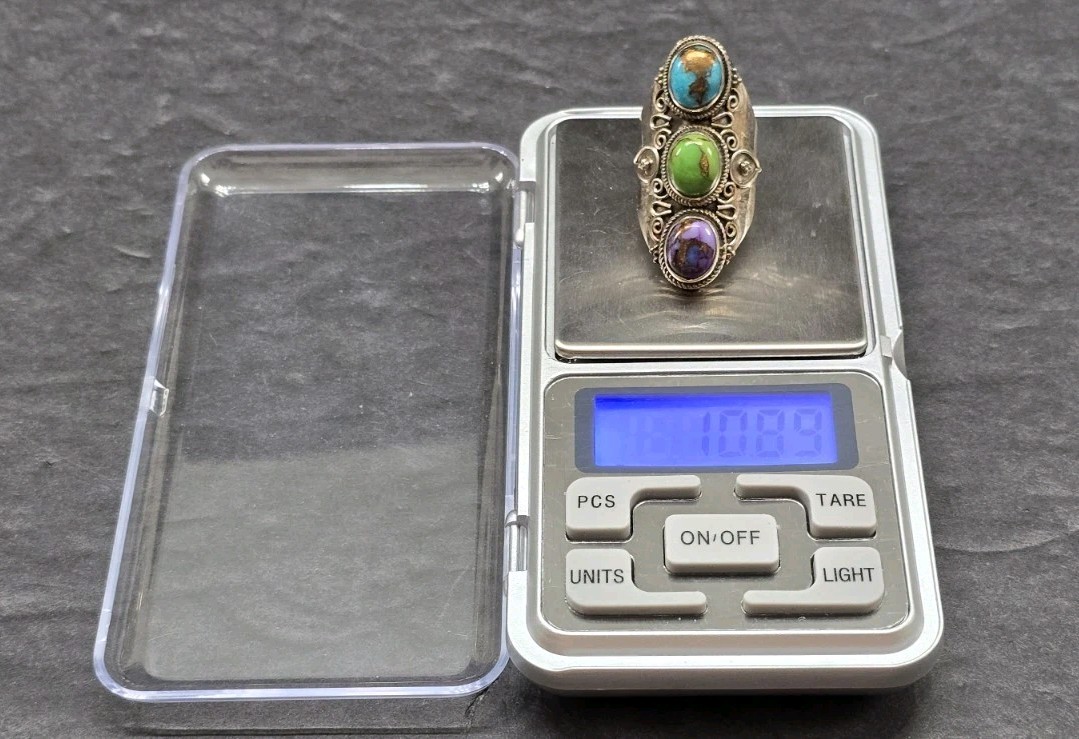 Vtg Blue, Purple & Green Copper Turquoise 925 Sterling Silver Handmade Ring Sz 6