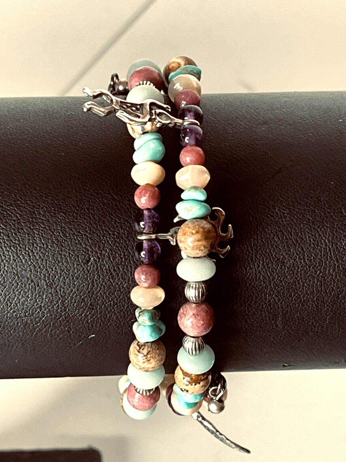 Vtg South Western Genuine Stone Bead Bracelet 6 Sterling Silver Indian Charms