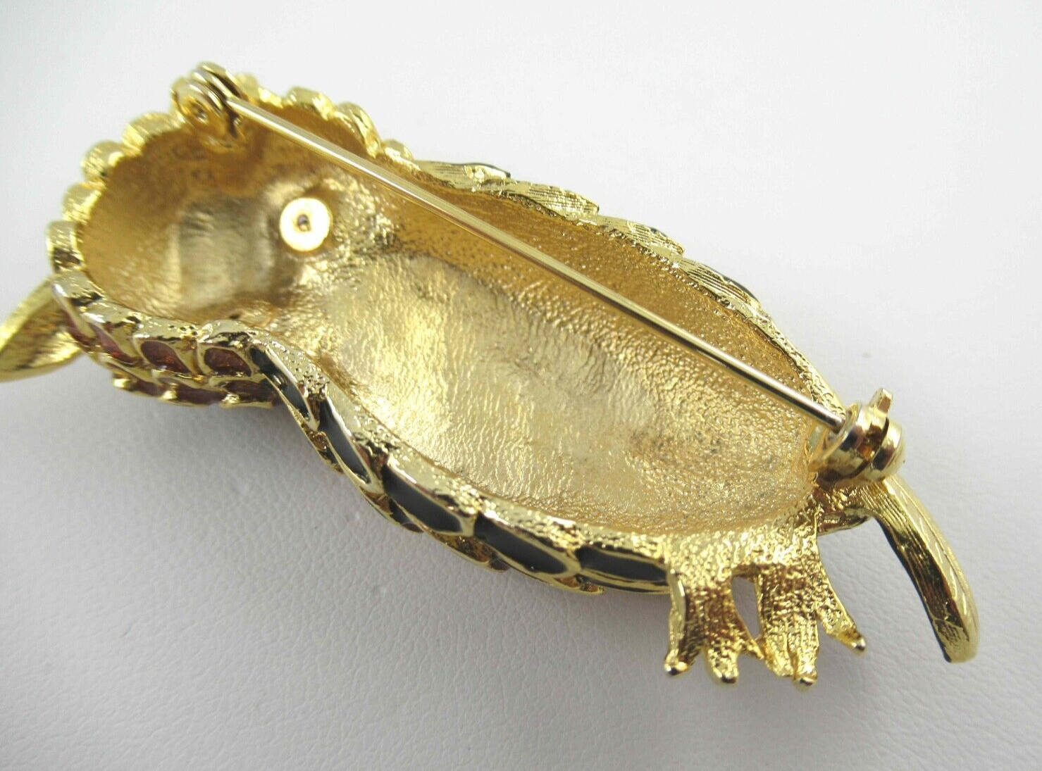 Vintage Owl Brooch Brown, Black Enamel and Gold Tone with Rhinestone Eyes