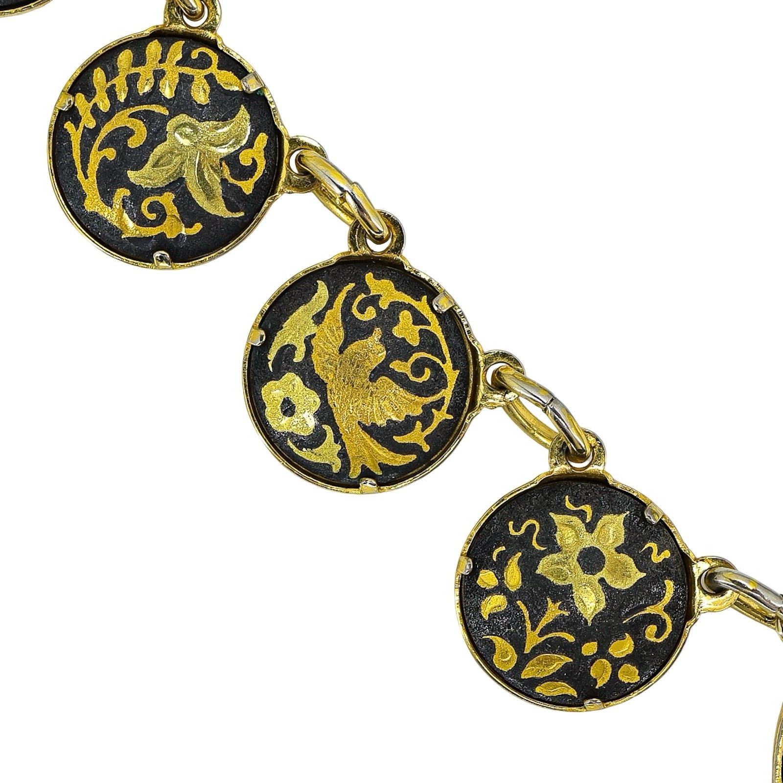 Vintage Mid Century Japanese Style Damascene Coin Charm Necklace Black Gold 18”