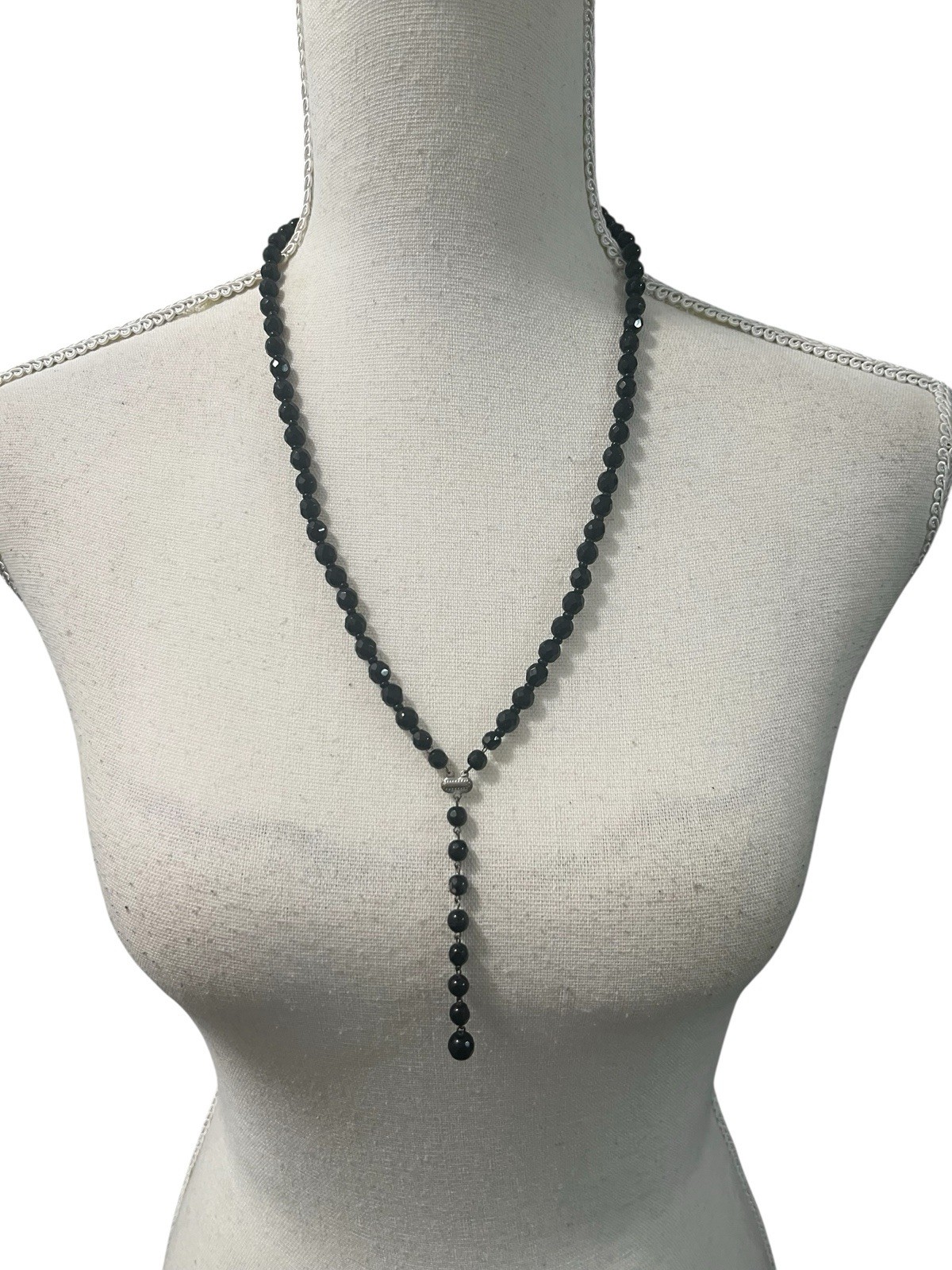 Vintage Estate Black Faceted Crystal Y Rosary Style Necklace