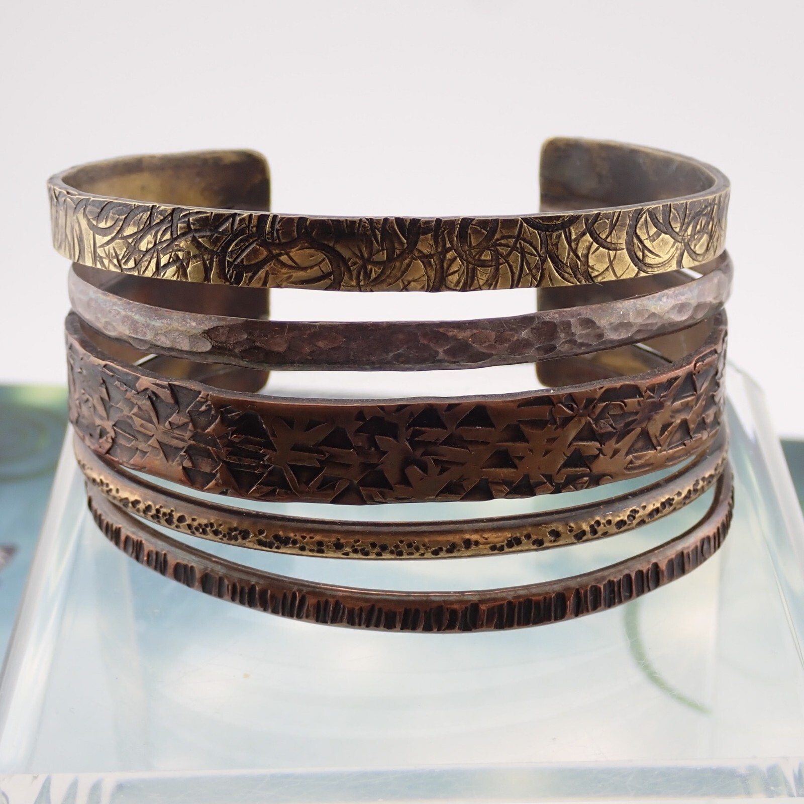 VTG Mixed Metal Sterling Silver 5 Row 7″ Hammered Stamped Textured Cuff Bracelet