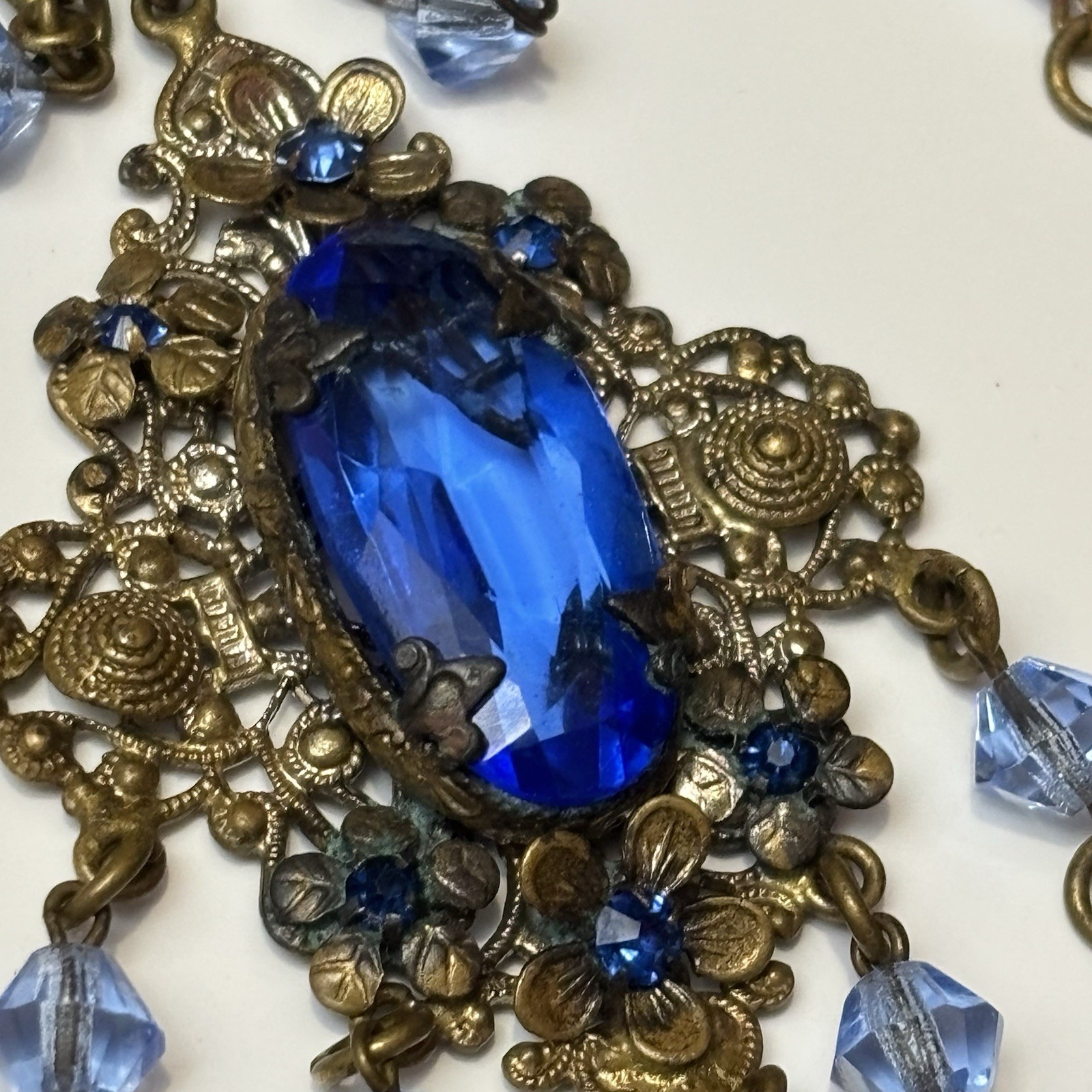 Vtg Czech Art Deco Brass Filigree Sapphire Blue Glass Fringe Festoon Necklace