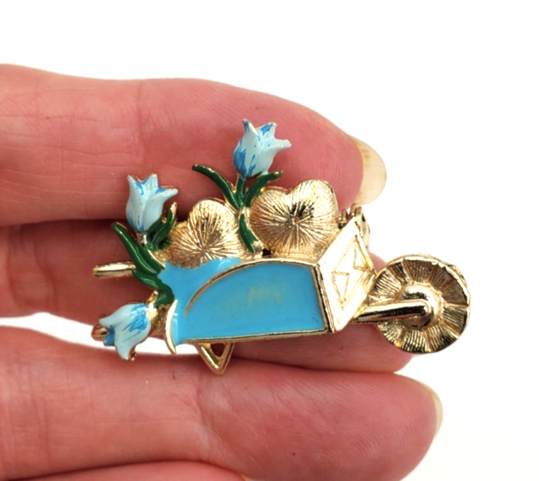 Vintage Gold Tone Blue Enamel Flowers and Hearts in Wagon Brooch Pin