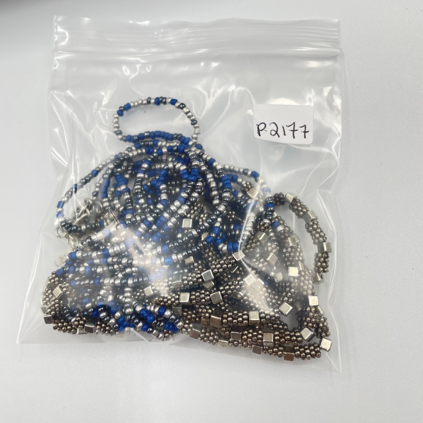 VTG Multi-Strand Seed Bead Necklace Silver Blue Boho Statement Bib Layered Long