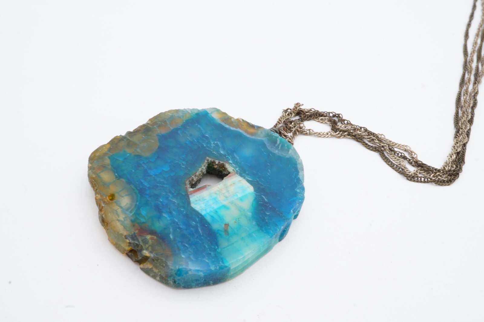 Vintage Necklace Silver Tone Blue Agate Geode 19″
