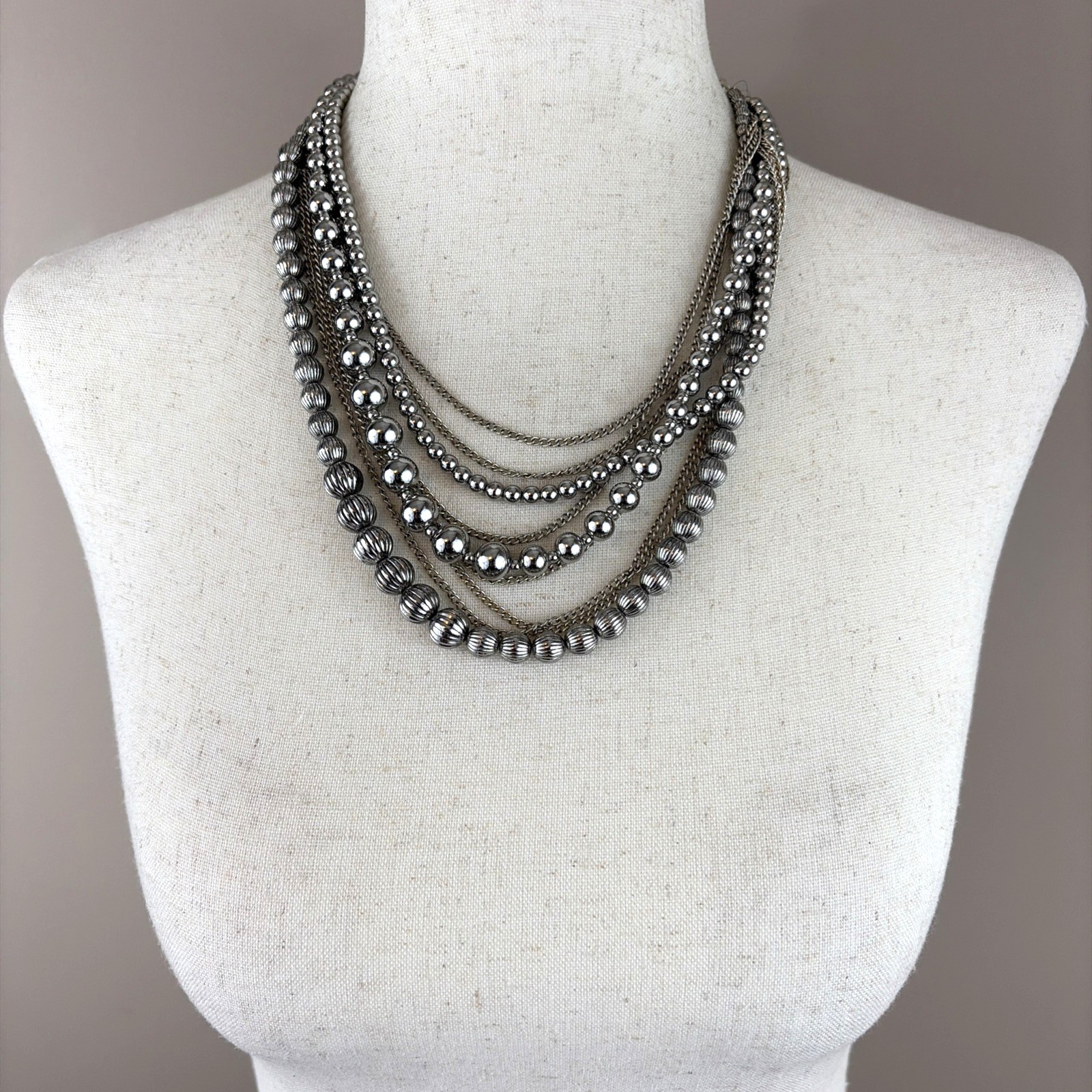 Premiere Designs Brutalist Style Silver Bead & Multi-Chain Statement Necklace
