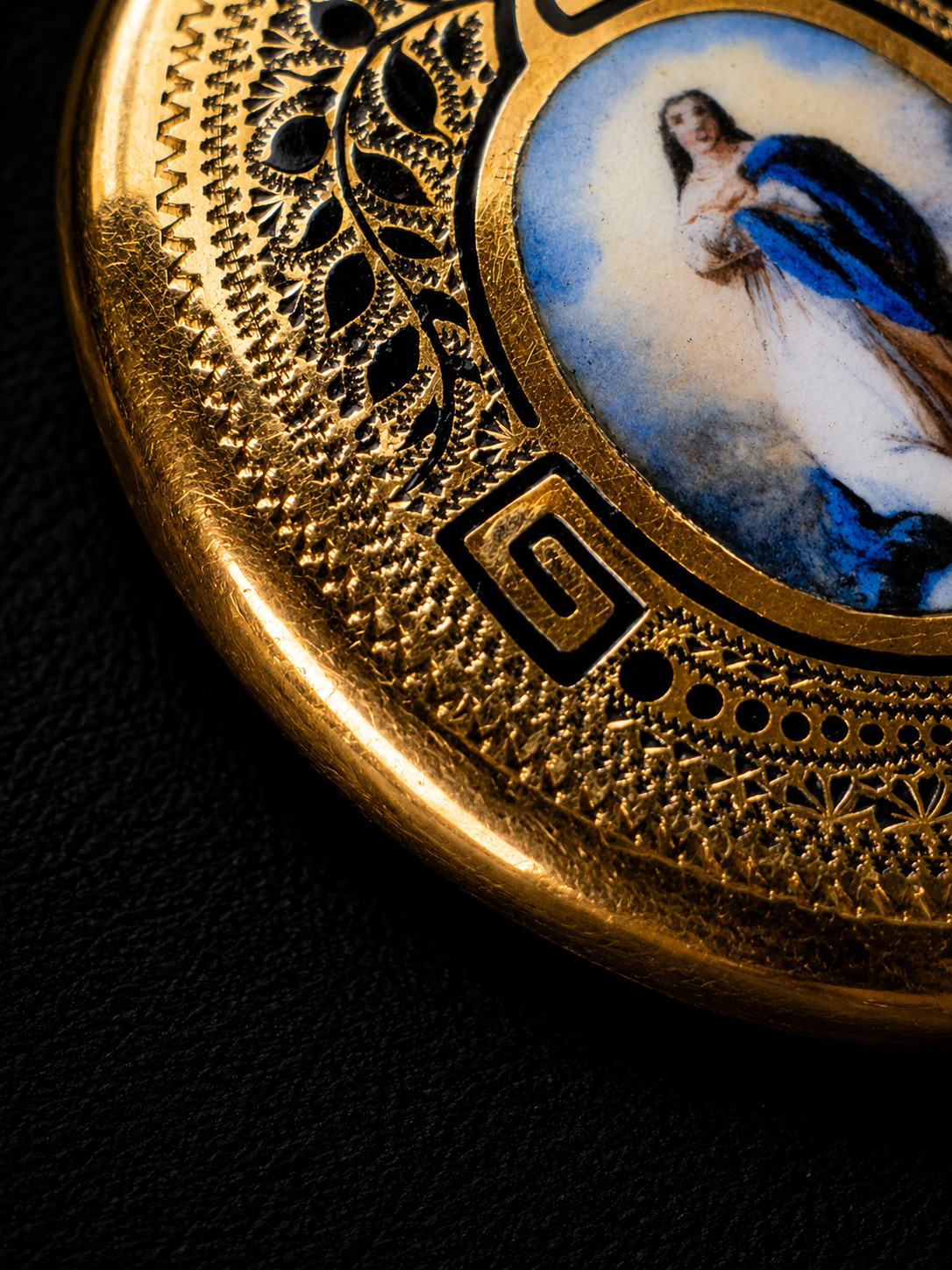 Antique Victorian 14K Gold Virgin Mary Enamel Locket Guilloche Religious Pendant