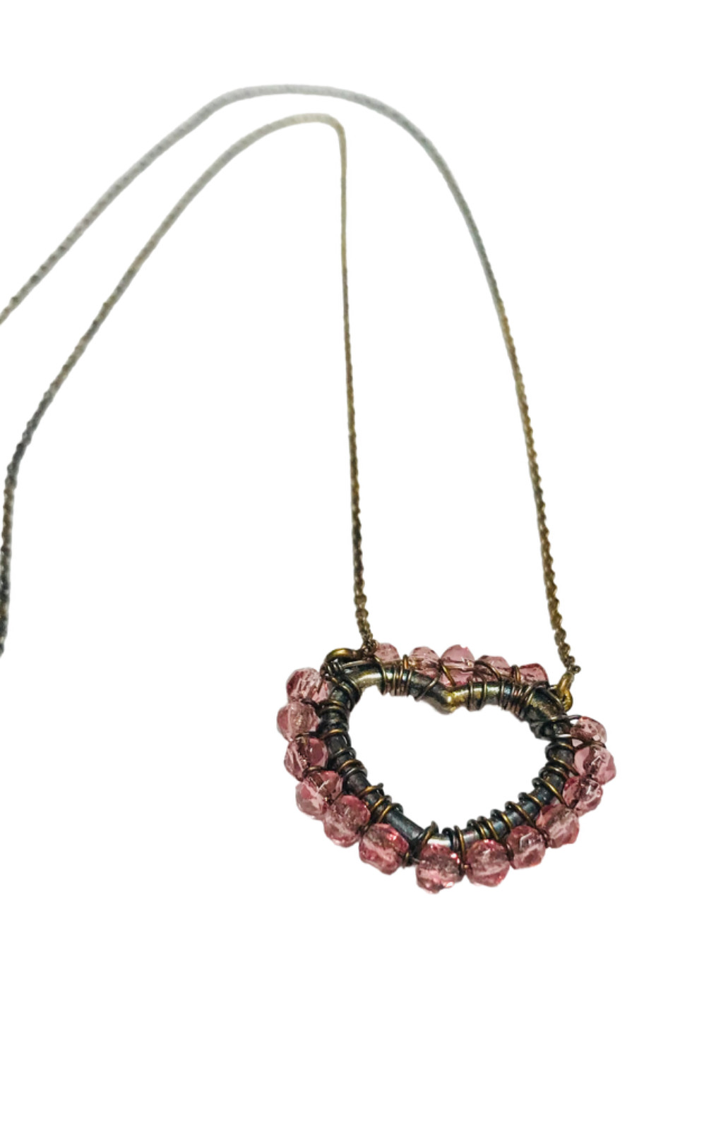 Vintage Antique Gold Tone Wire Wrapped Pink Beads Heart Pendant Necklace 19.5”