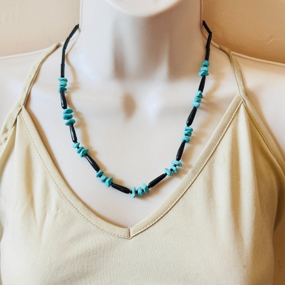 Black Coral VTG Necklace turquoise Beads Collar Natural Hawaii Souvenir 20″