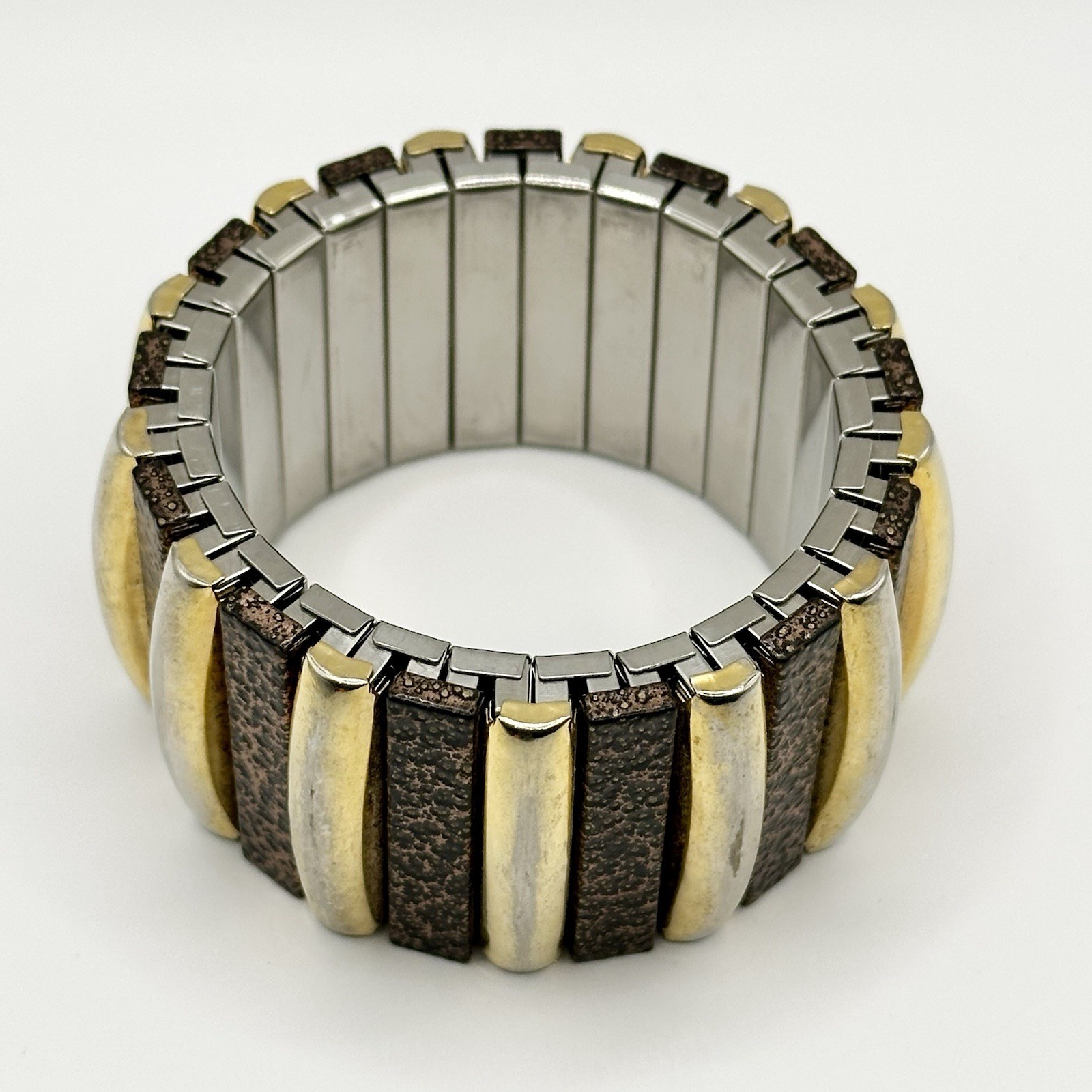 Vintage Chunky Gold Tone Stretch Expansion Bangle Bracelet Panel Modernist