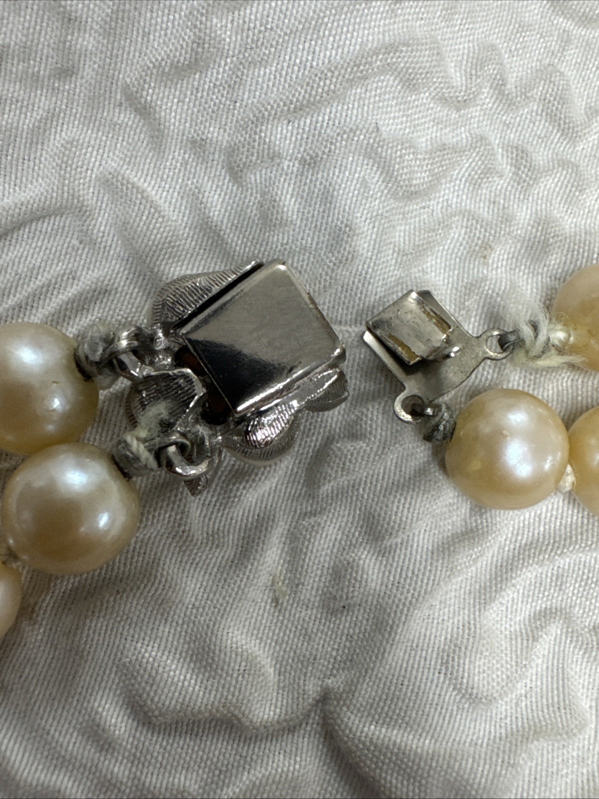 Vintage Hand Knotted Double Strand 24”Faux Pearls &Diamond Pearl Clasp 140 Grams