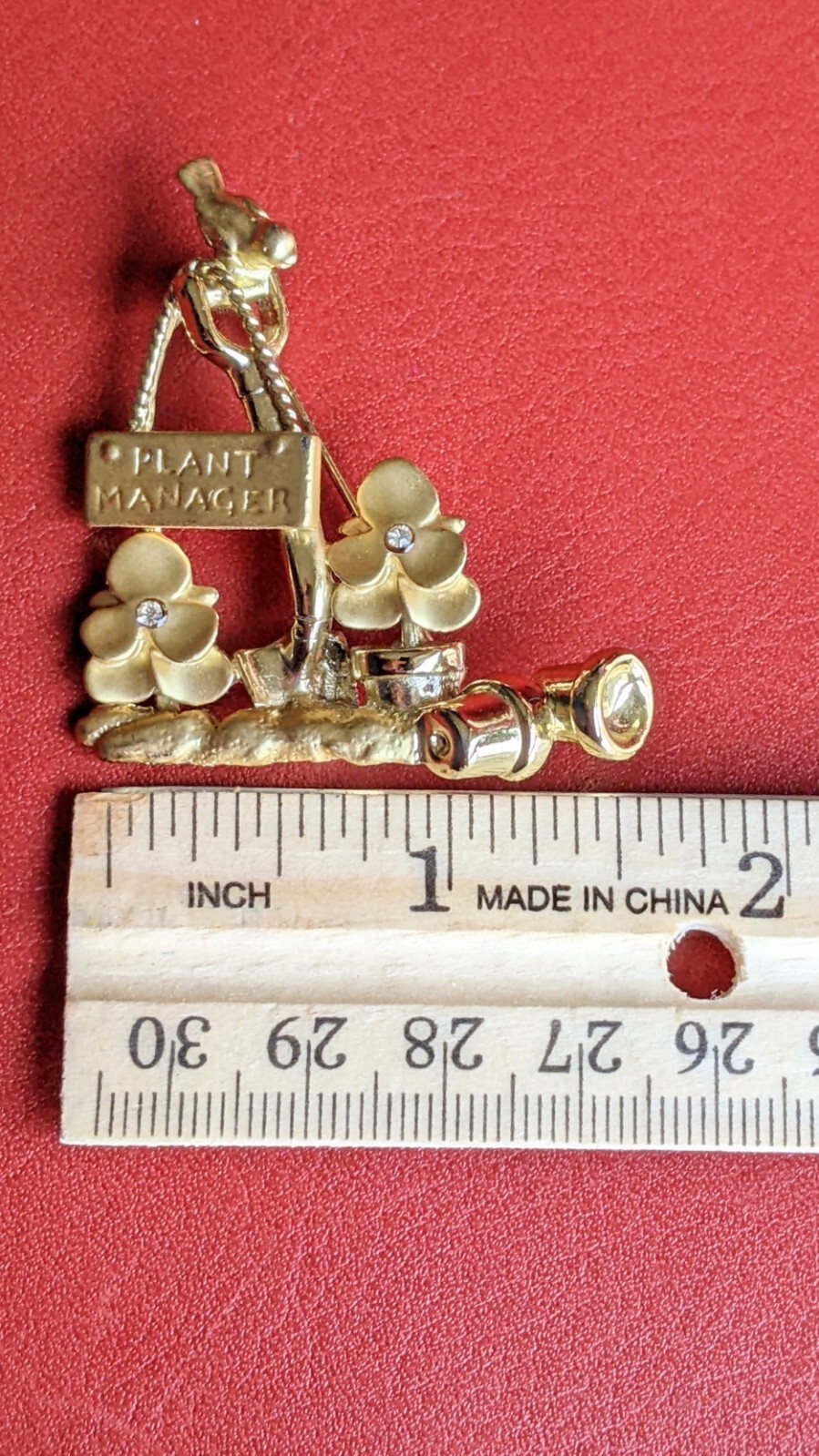 Vintage AJC Gold Tone Textured PLANT MANAGER Gardening Flower Bird BROOCH Pin