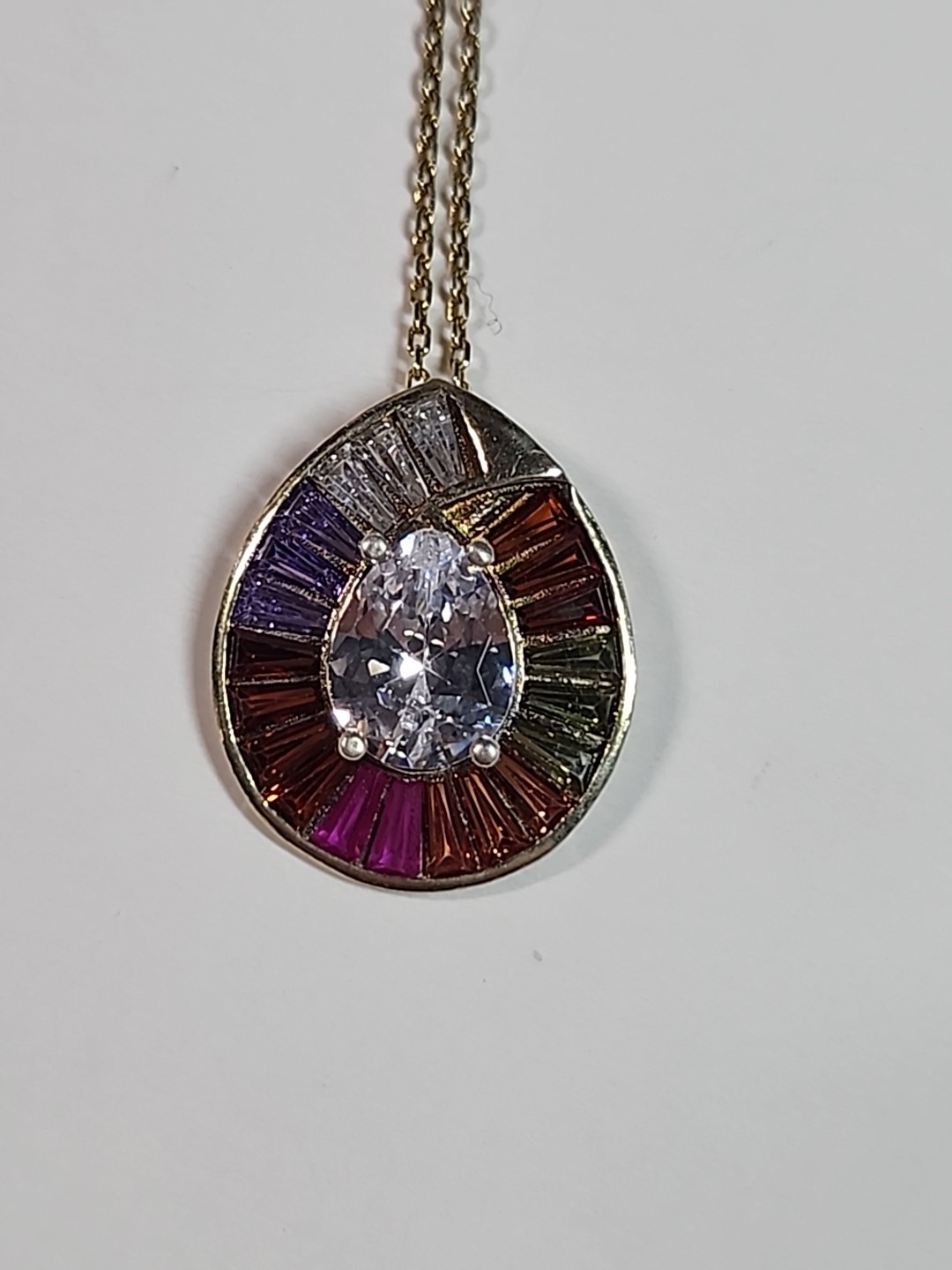 Rainbow Cluster Stones Teardrop Pendant Gold Over .925 Silver 17.5″ Necklace