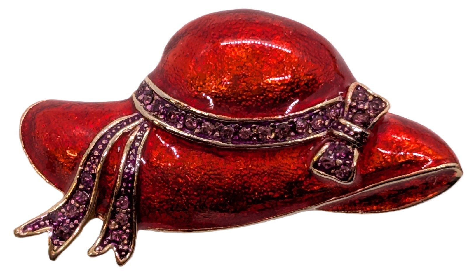 Vintage Red Hat Society Set of Two Red Enamel Purple Rhinestone Ribbon Brooches