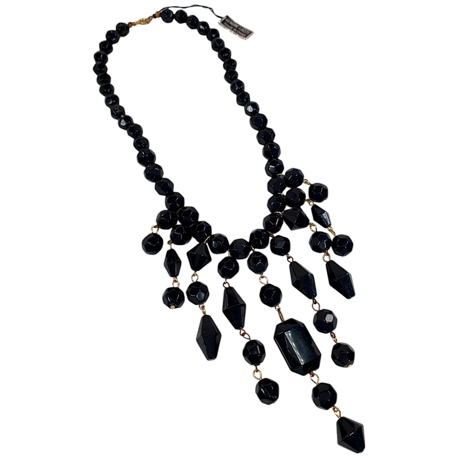 Vintage Jeweled Black Beaded Lucite Dangle Fringe Bib Choker Necklace 16″