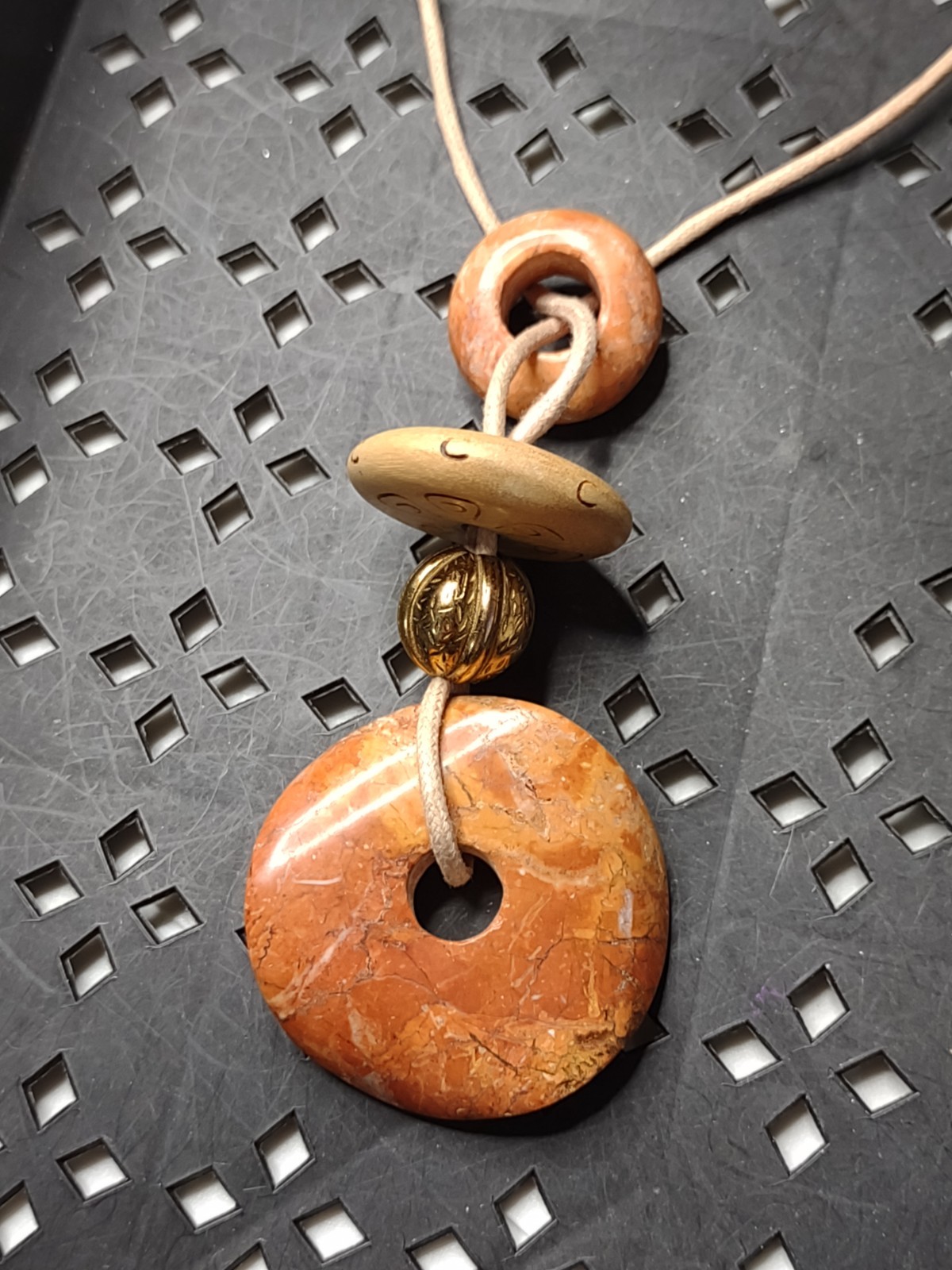 Heavy Vintage Donut Shaped Stone Bead Pendant Necklace