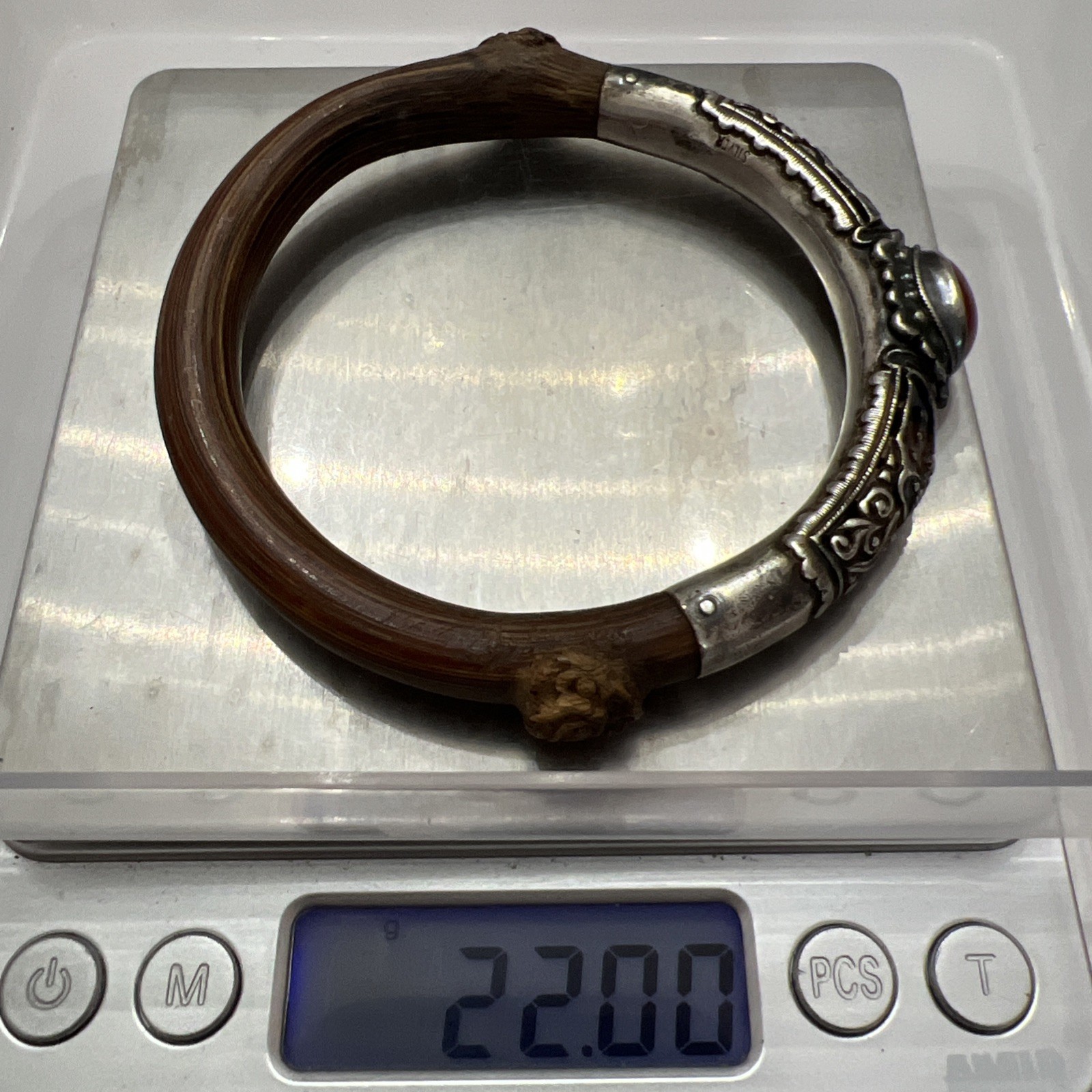 Antique Chinese Sterling Butterfly Enamel Carnelian Rattan Bamboo Bangle 7.75”