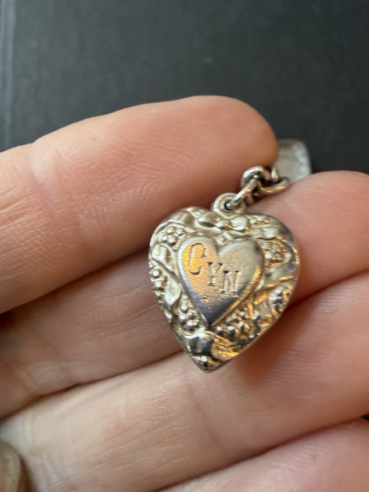 Antique Victorian Sterling Charm Bracelet W/ Puffy Hearts Cloisonné