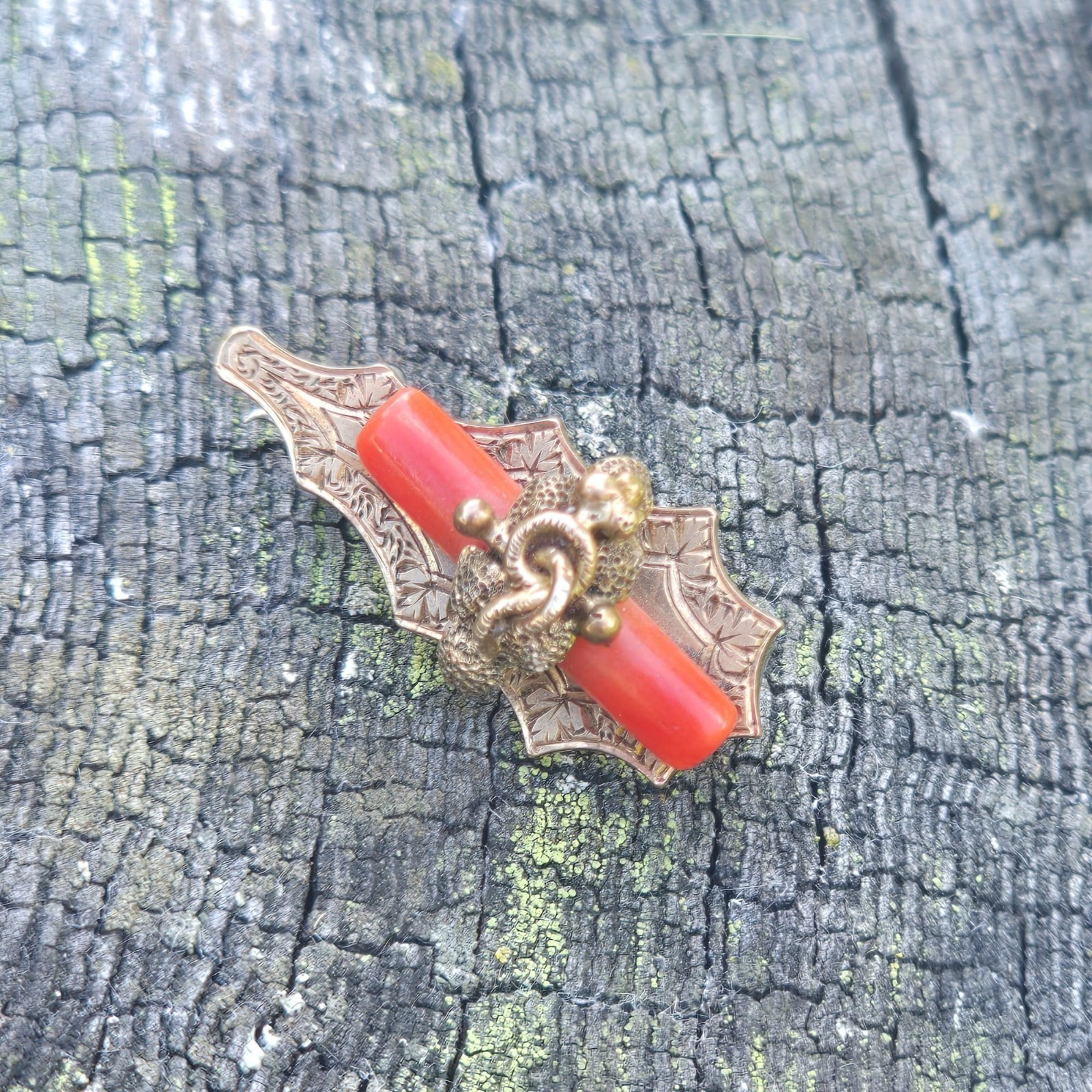 Antique Victorian 14K Gold Snake Brooch Coral Serpent Estate Jewelry mourning pi