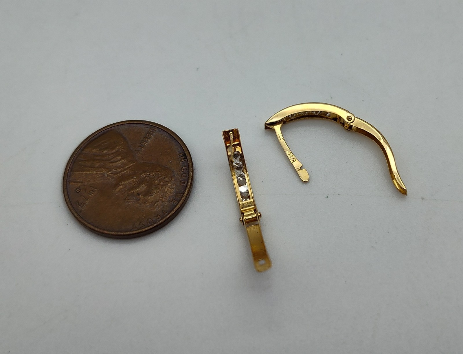 Vintage Hinge Hoop Clear Stone 14k Solid Yellow Gold Post Earrings Dangle Drop