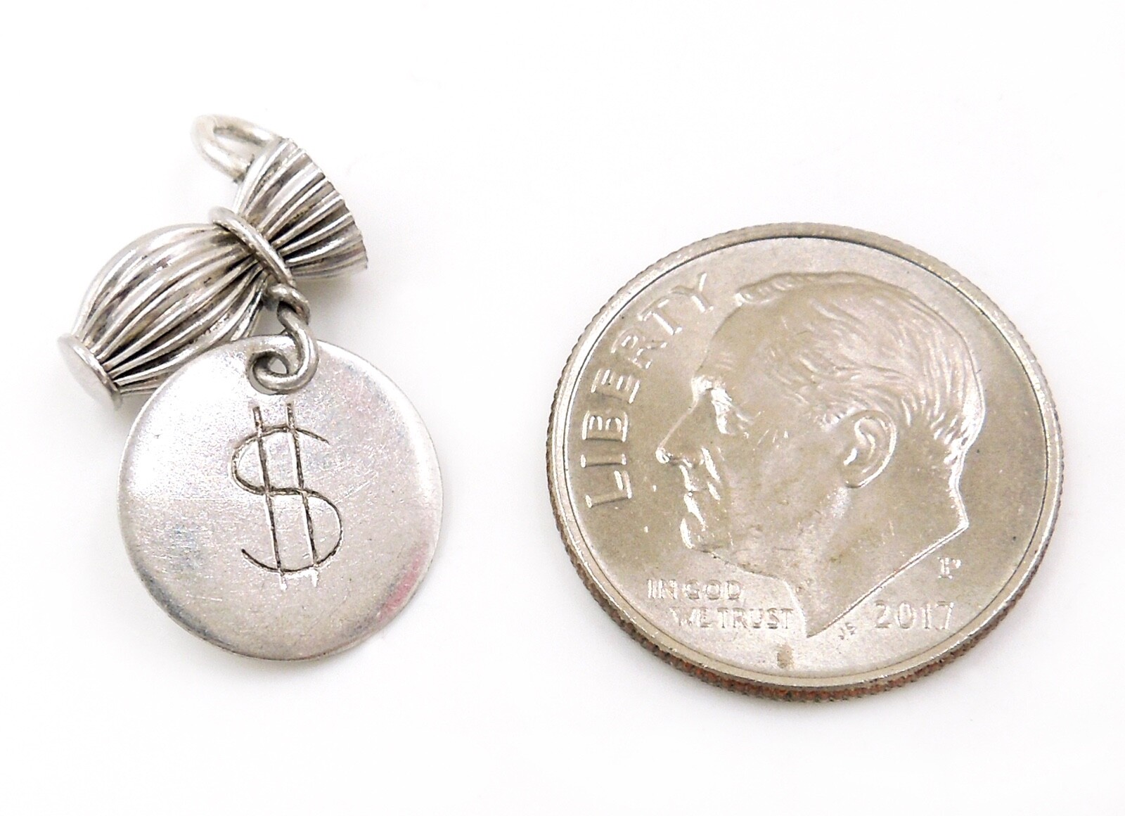 Vintage PLEATED MONEY BAG $ SIGN TAG Sterling Slver Finance Savings Charm