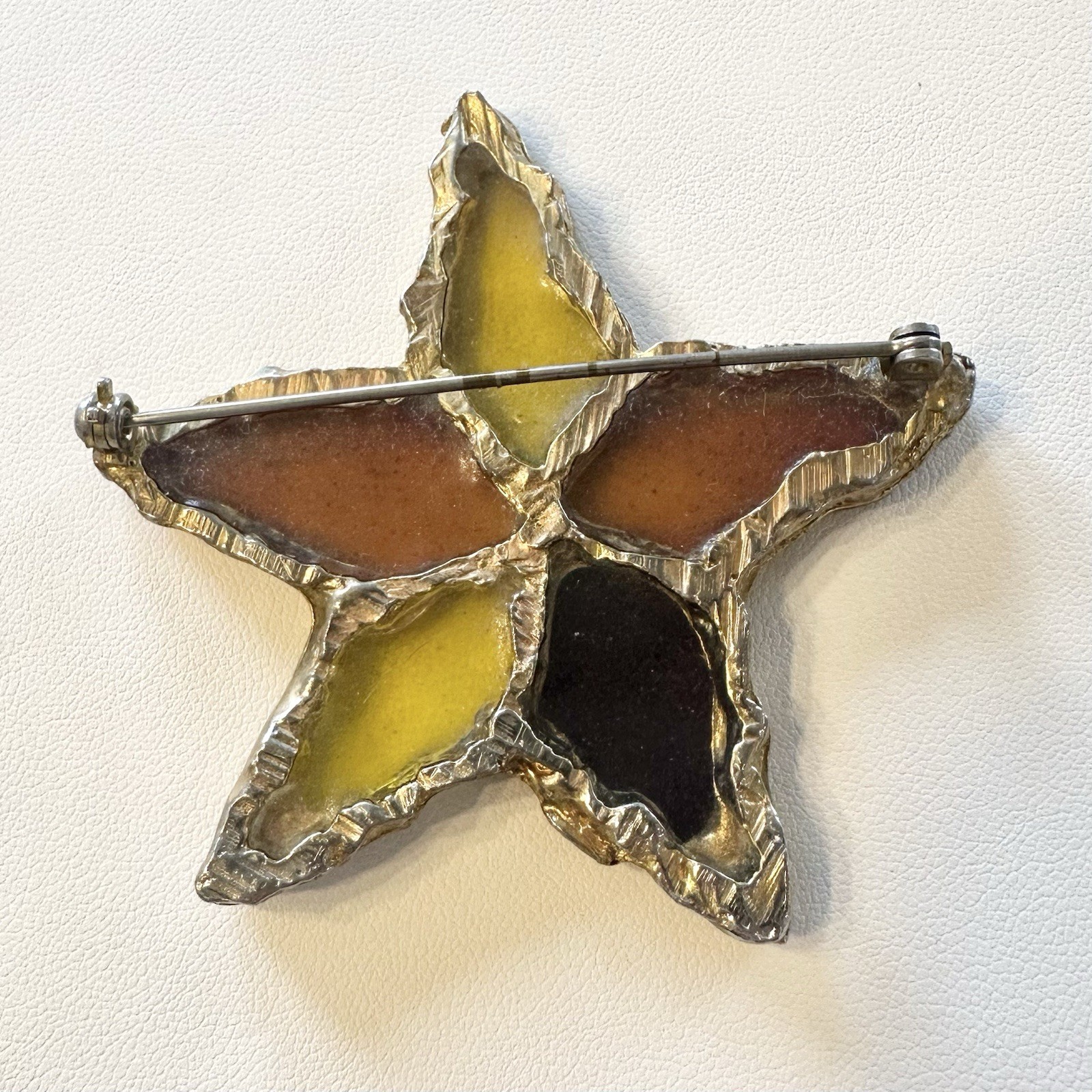 Vintage Lester Joy Star Brutalist Resin Brooch Pin Orange Yellow Gold-Tone